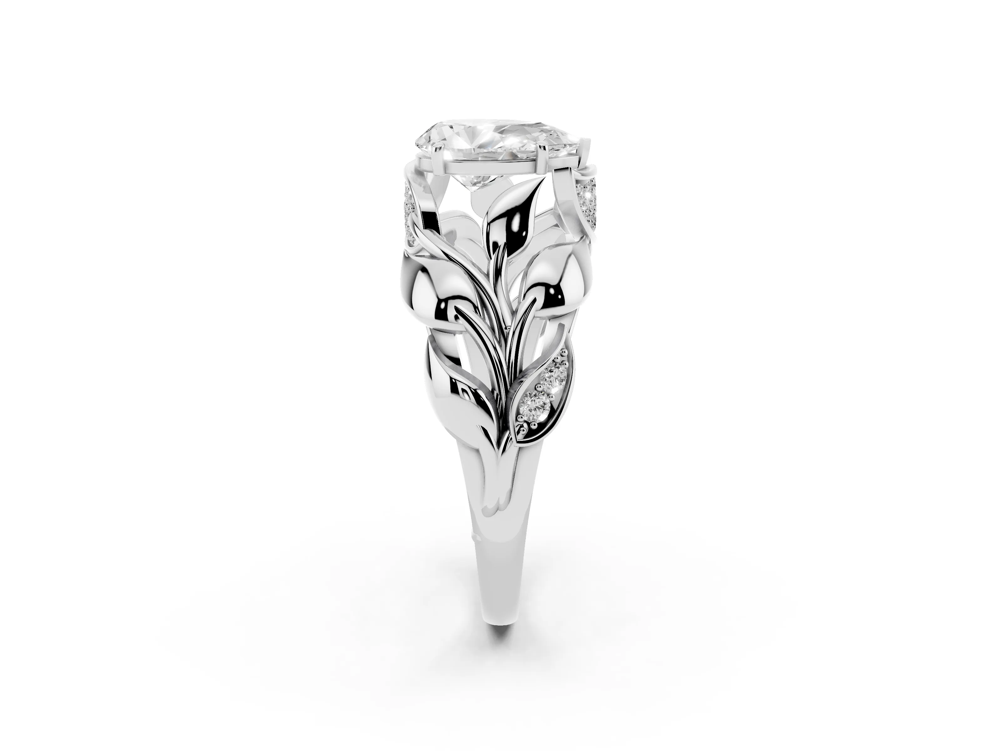 Pear Cut Diamond Leaf-Inspired Engagement Ring Set in Silver with Round Accents