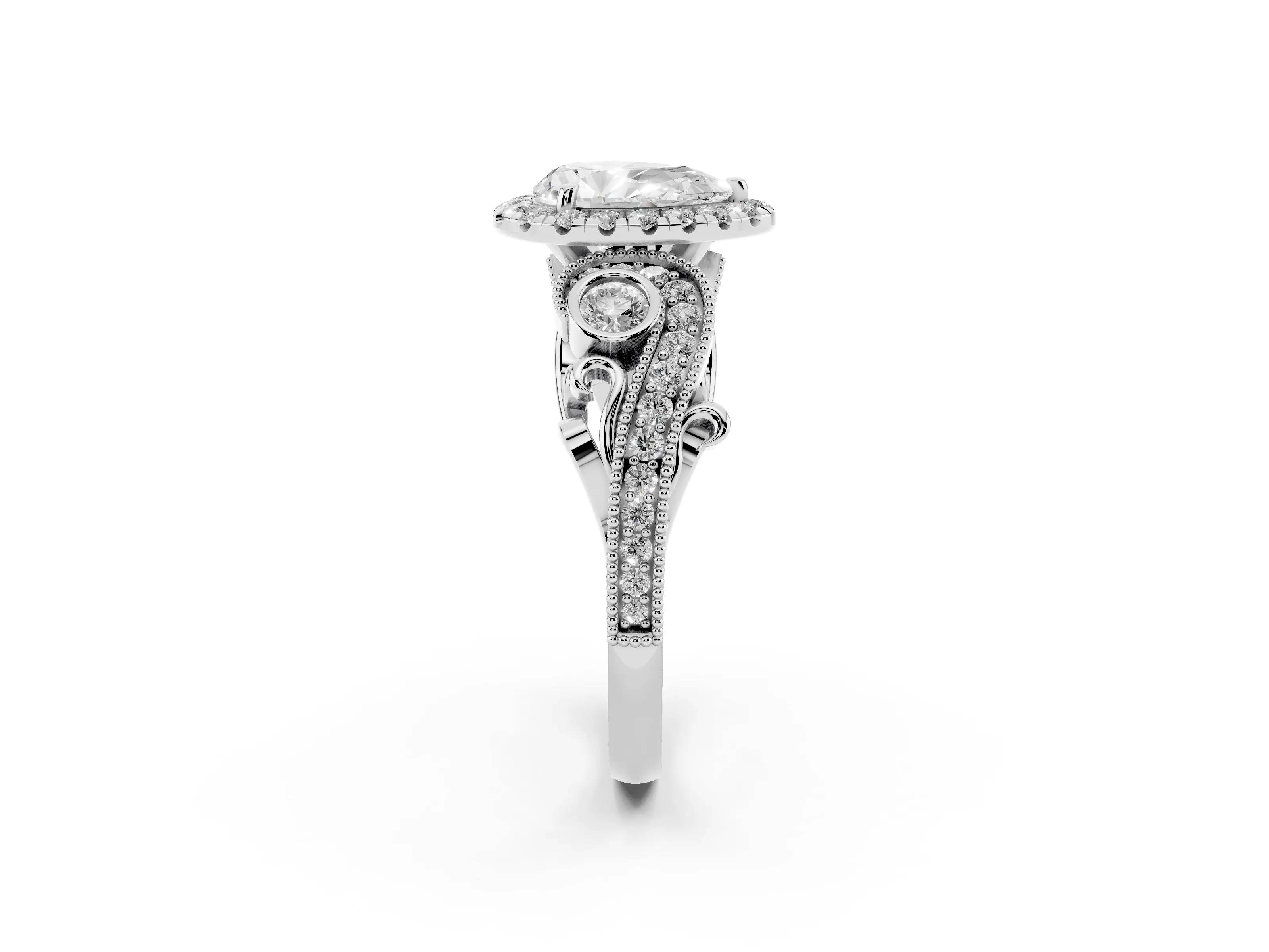 Pear Cut Diamond Halo Ring Set in Silver with Milgrain Pavé Band and Prong Setting