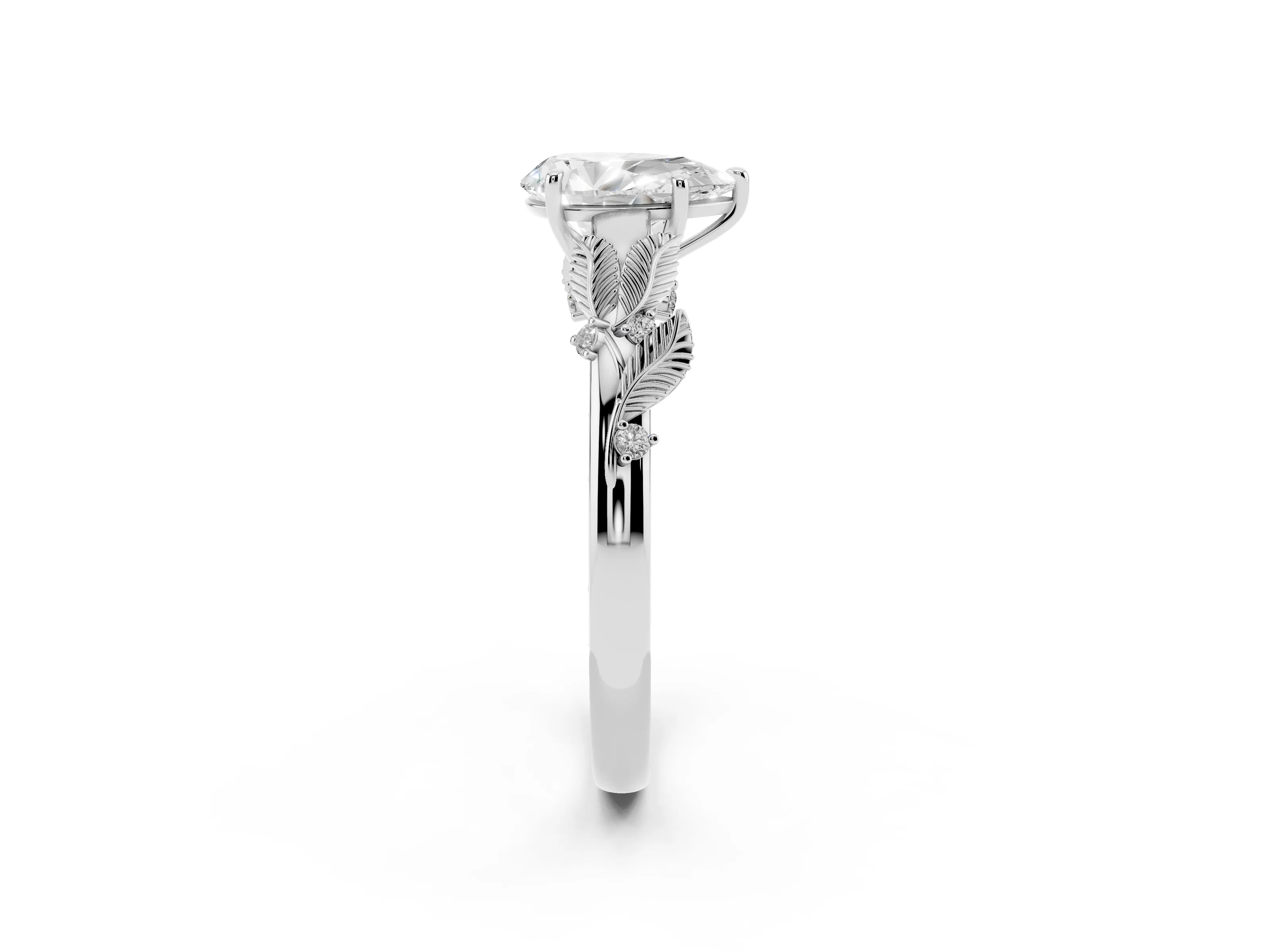 Pear Cut Diamond Solitaire Ring Set in White gold with Leaf Motif Band