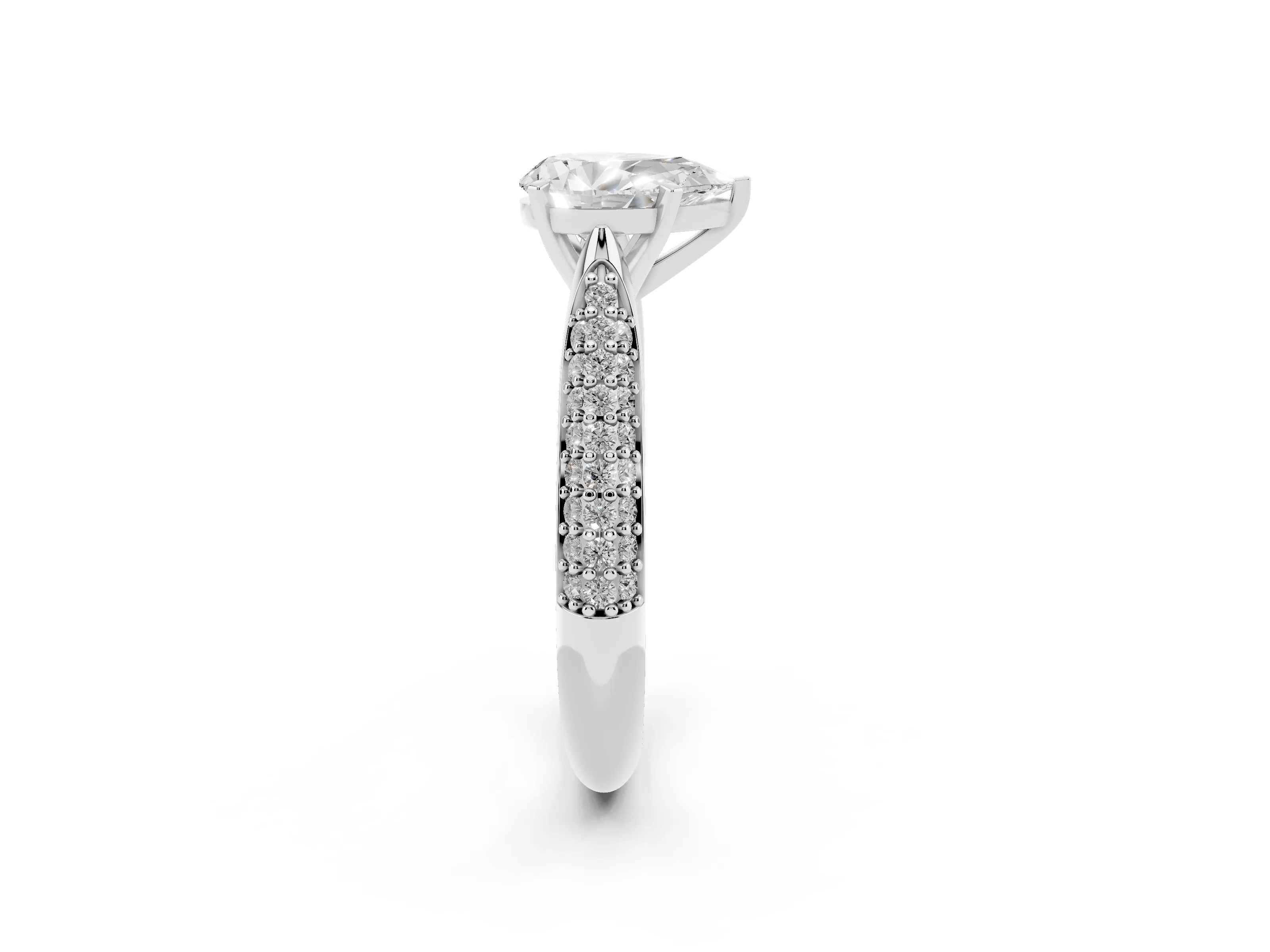 Pear Cut Diamond Solitaire Engagement Ring Set in Platinum with Multi-Row Round Pavé Band and Prong Setting