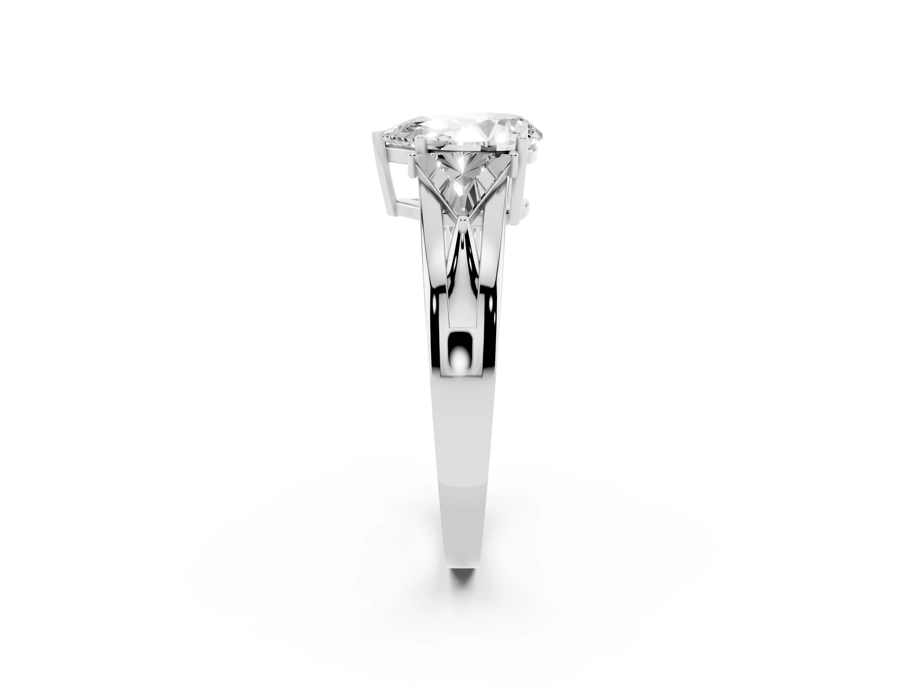 Pear Cut Diamond Three-Stone Ring Set in Platinum with Trillion Side Stones and Split Shank