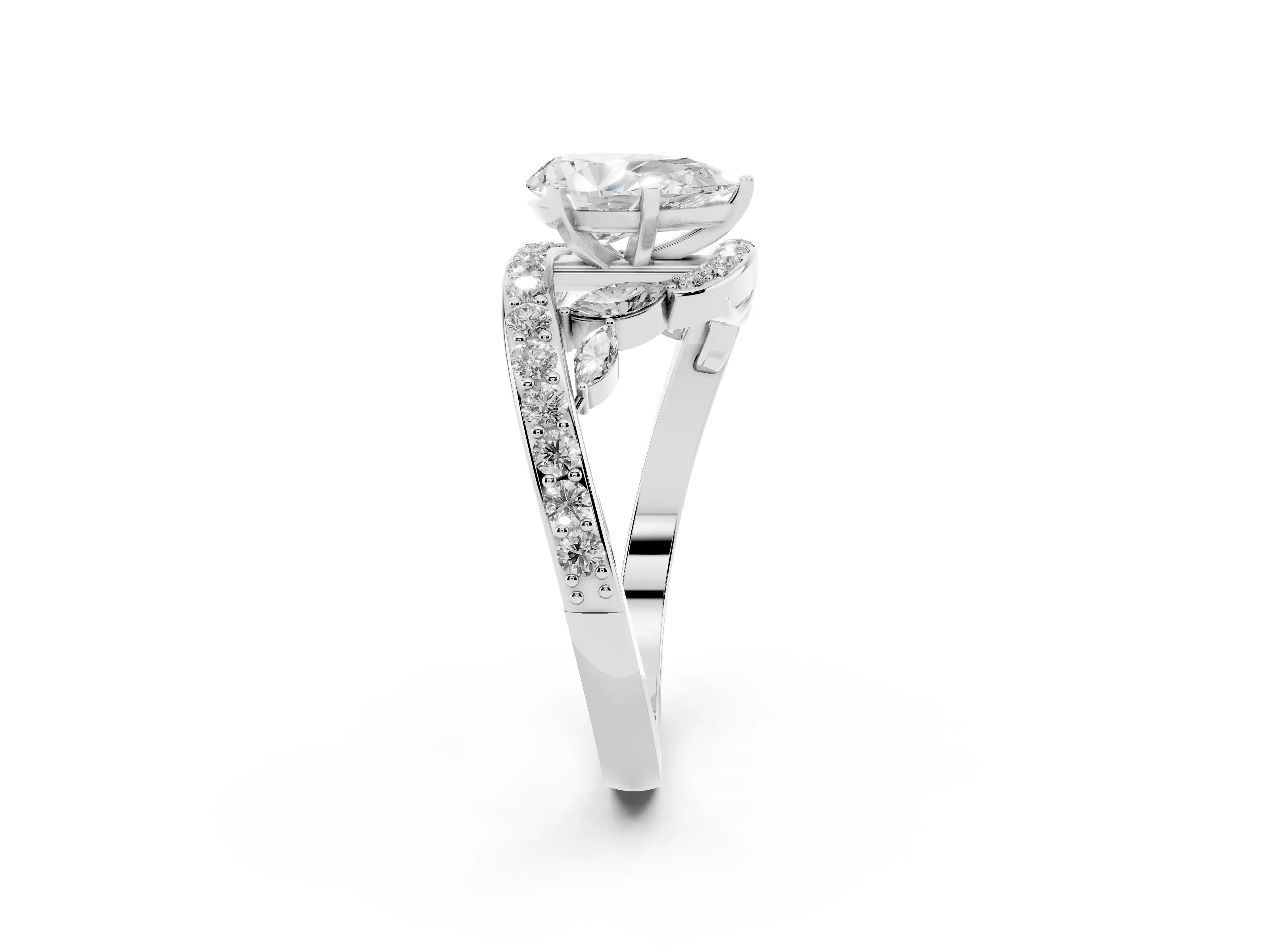 Pear Cut Diamond Solitaire Ring Set in Platinum with Pavé Twist Band and Secure Prong Setting