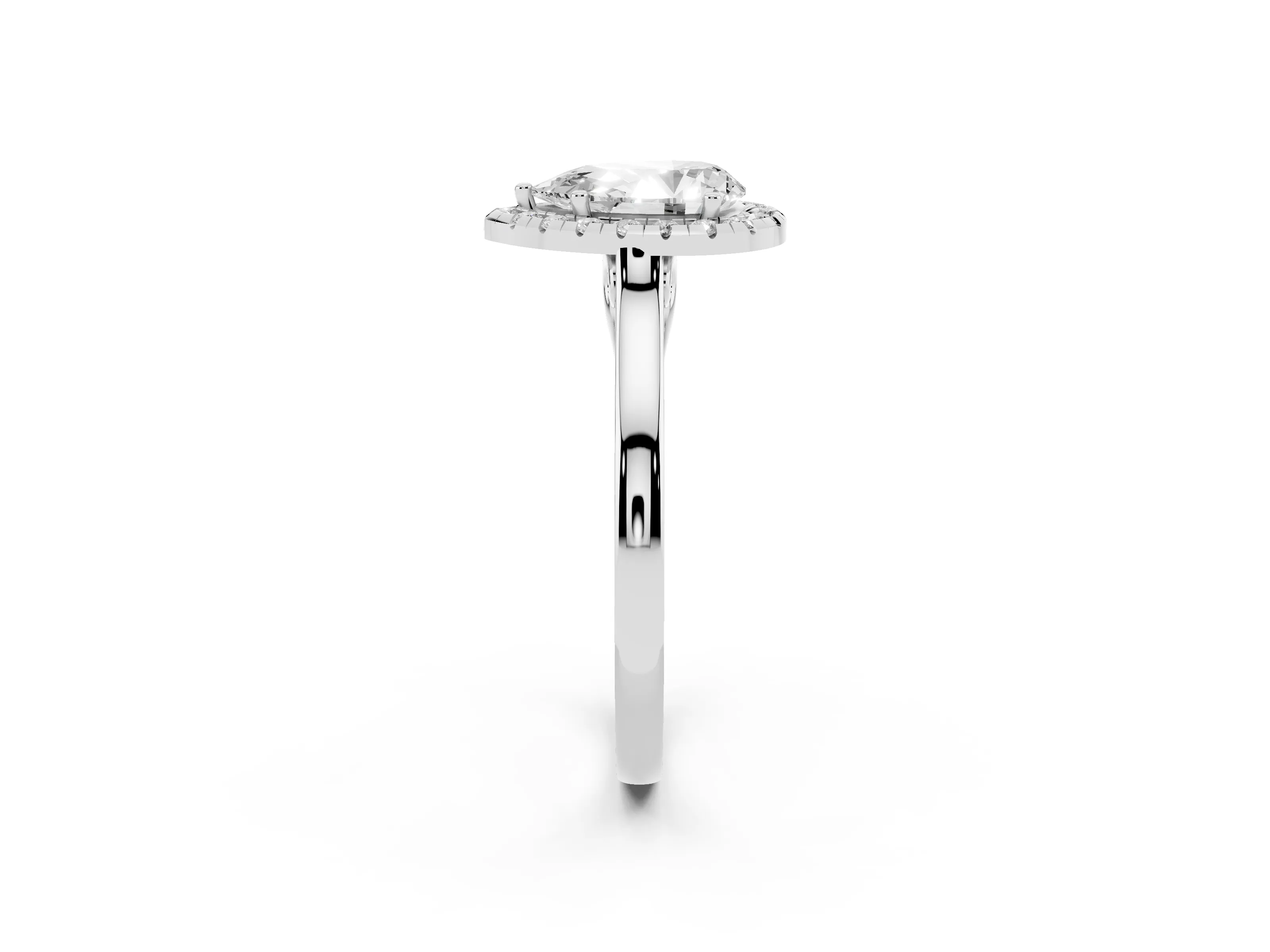 Pear Cut Halo Round Diamond Solitaire Ring Set in Platinum with Pavé Band and Prong Setting