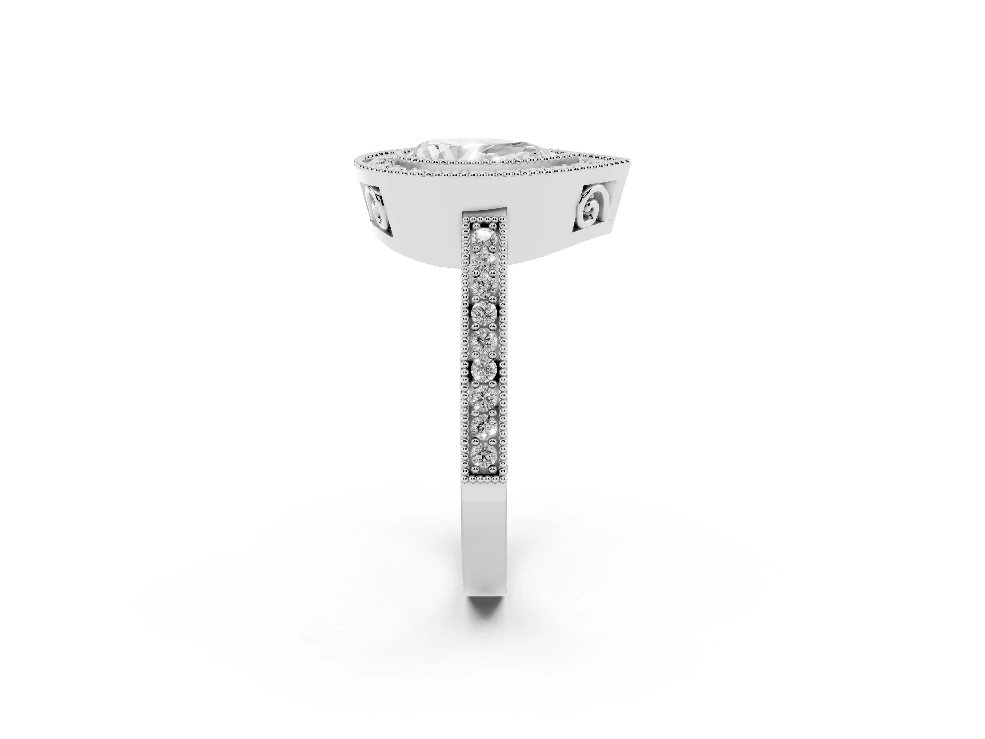 Pear Cut Diamond Round Halo Ring Set in White gold with Pavé Band
