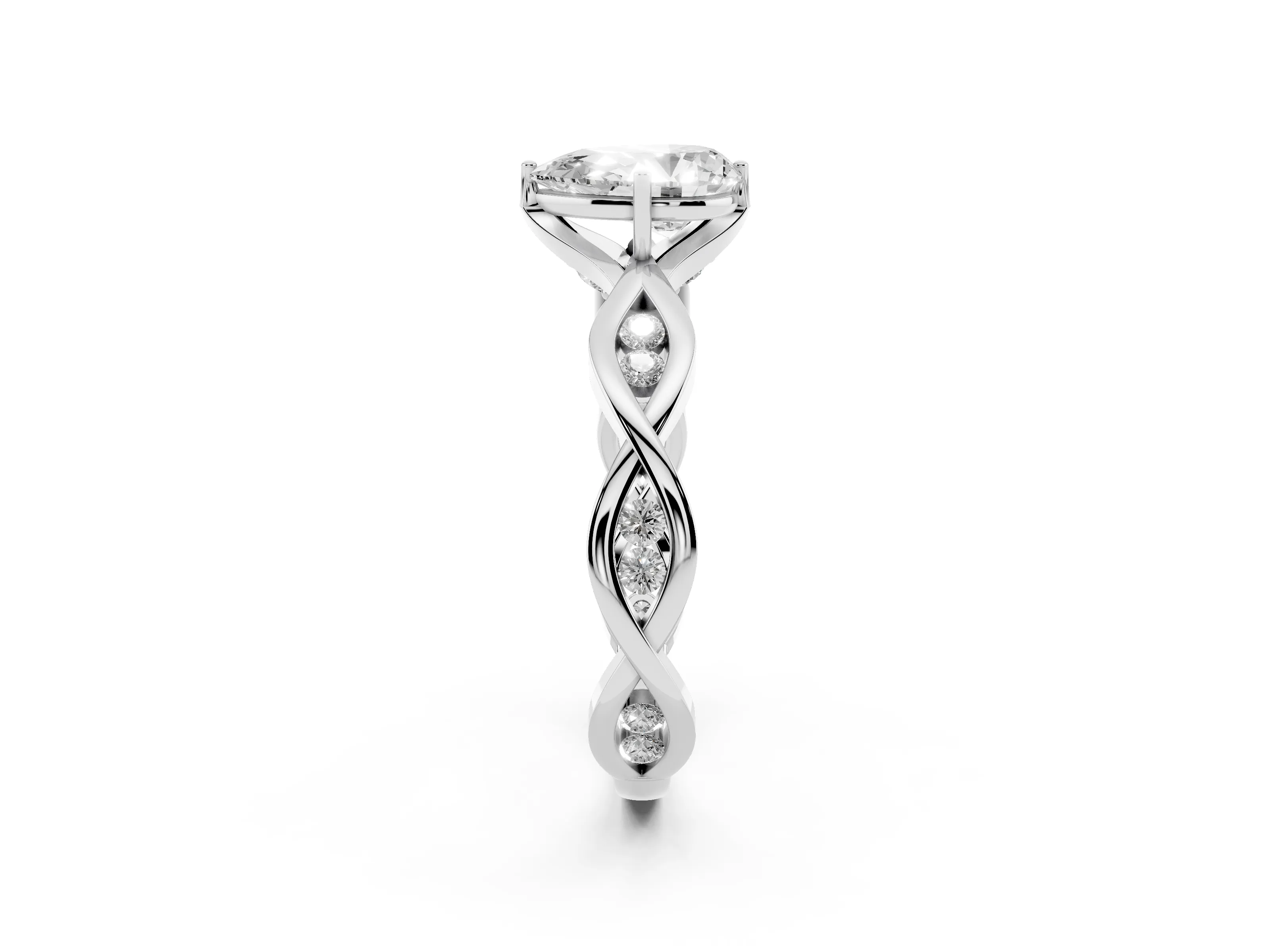 Pear Cut Diamond Twist Band Solitaire Ring Set in Silver with Leaf Prong Setting and Accent Stones