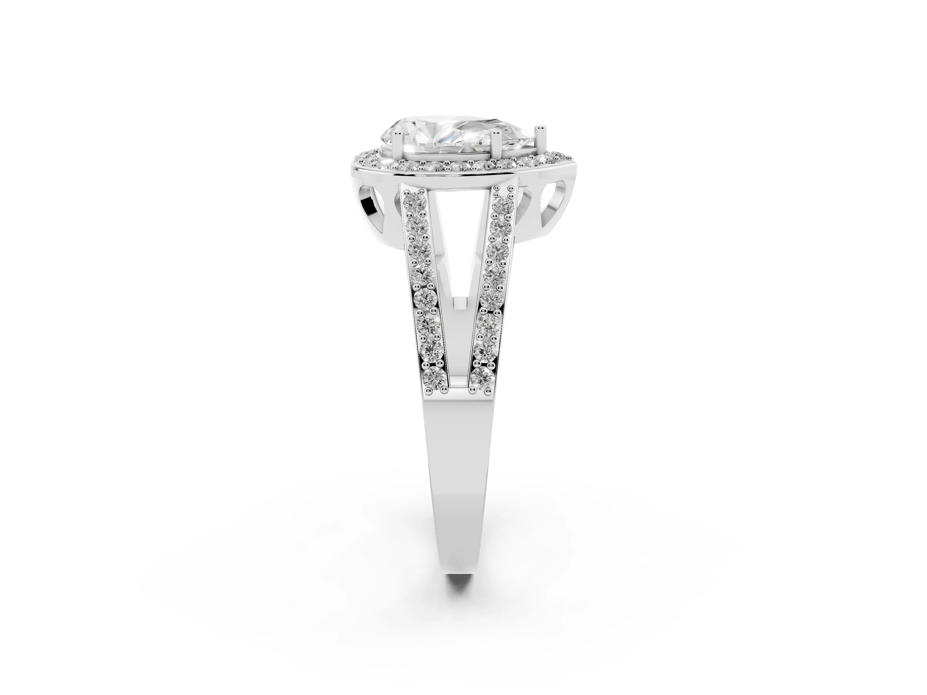 Pear Cut Diamond Halo Ring Set in White gold with U-Prong Split Shank and Prong Setting