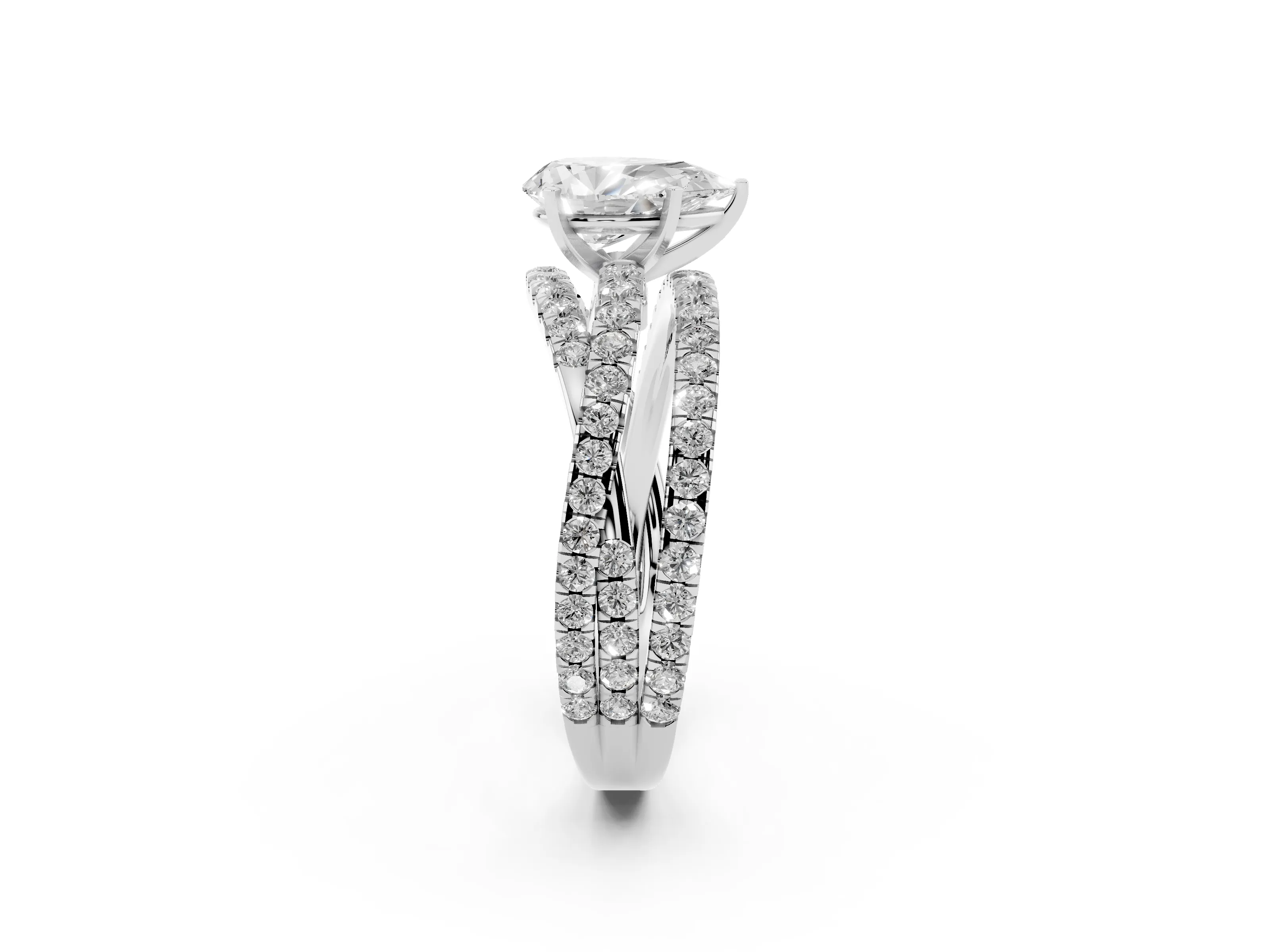 Pear Cut Diamond Solitaire Twist Band Ring Set in Silver with Pavé Setting and Prong Head