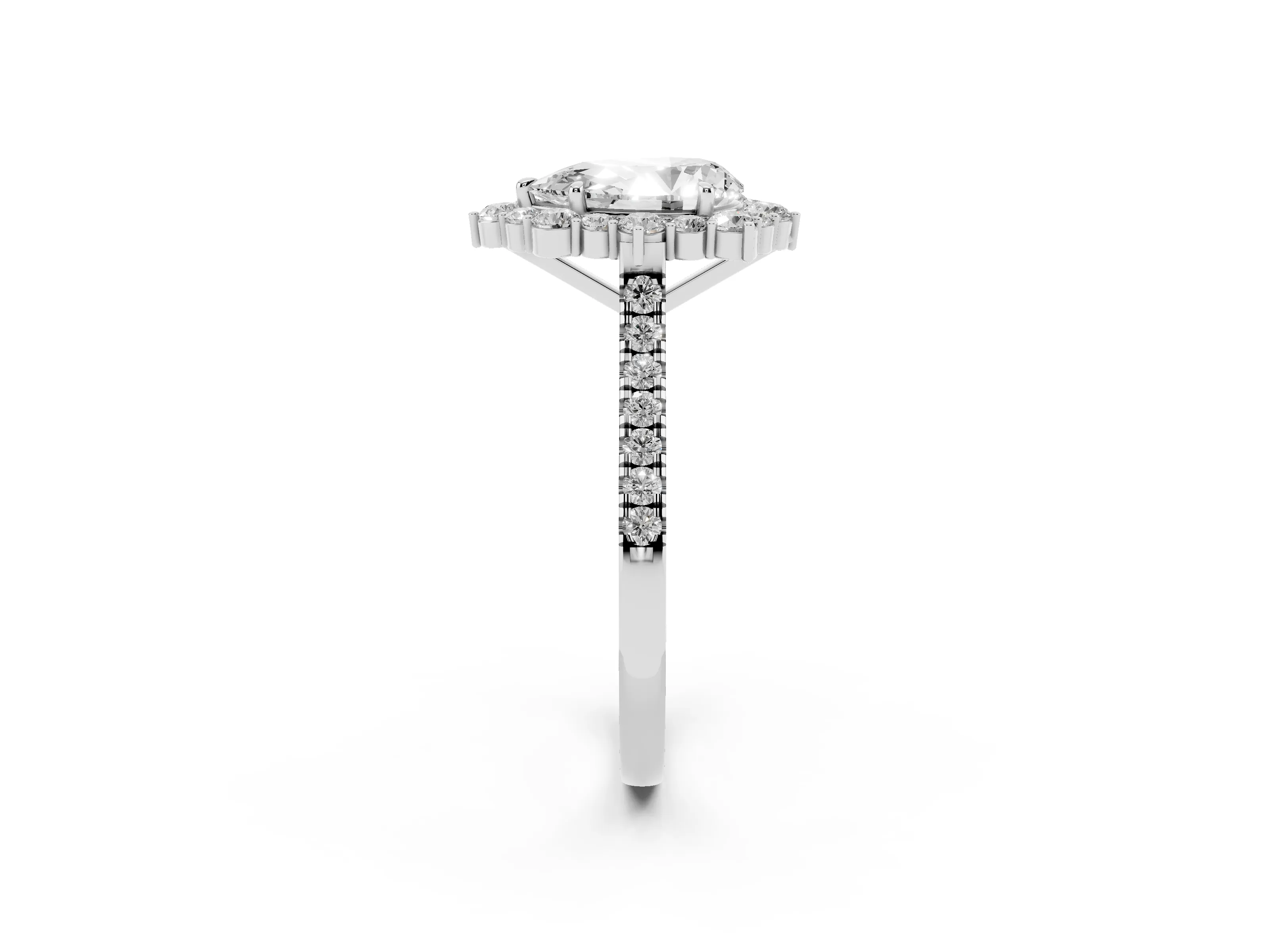 Pear Cut Diamond Halo Ring Set in White gold with Pavé Band and Prong Setting