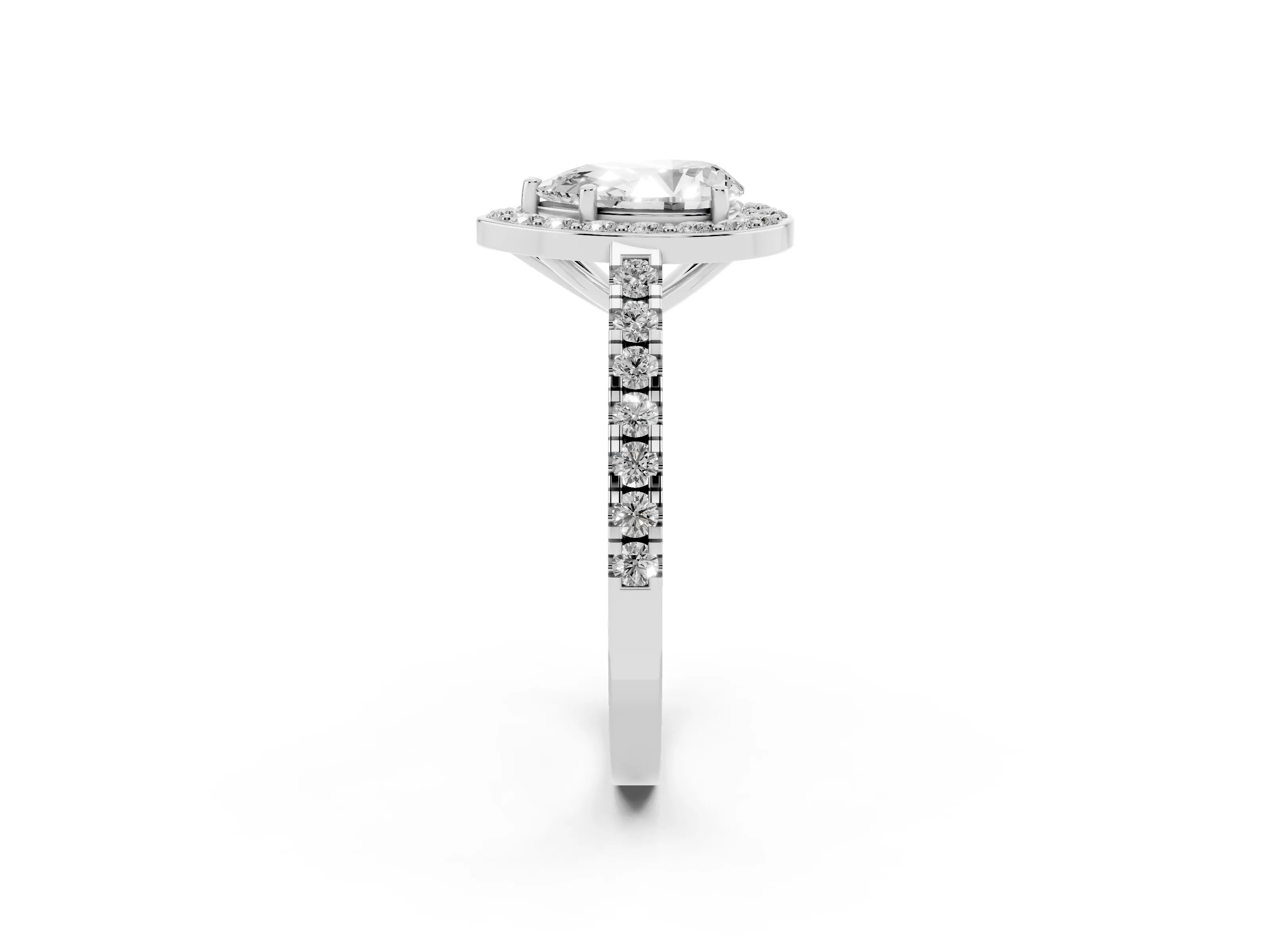 Pear Cut Diamond Halo Ring Set in Silver with Round Pavé Split Shank and Prong Setting