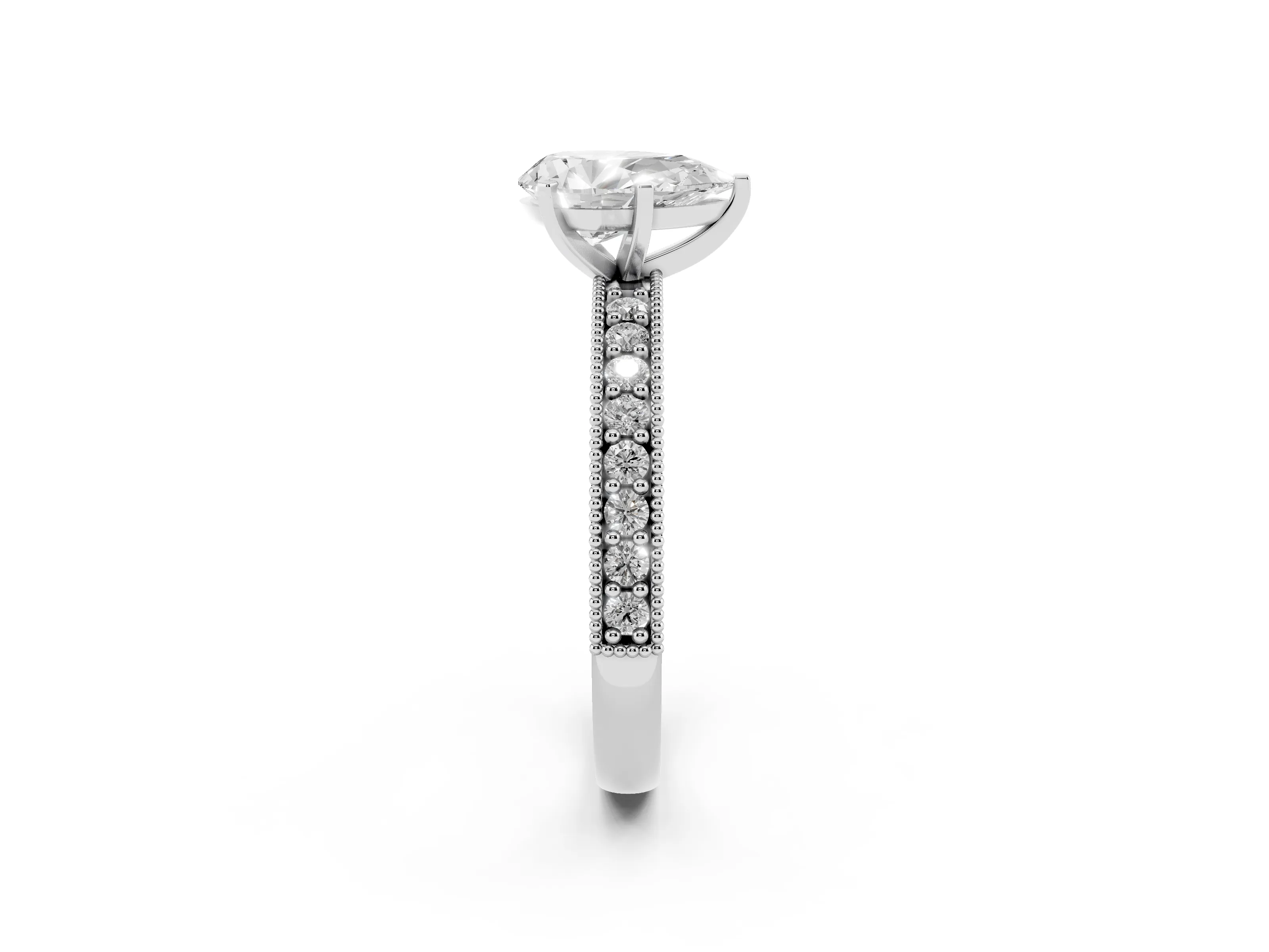 Pear Cut Diamond Milgrain Pavé Engagement Ring Set in White gold with Prong Setting