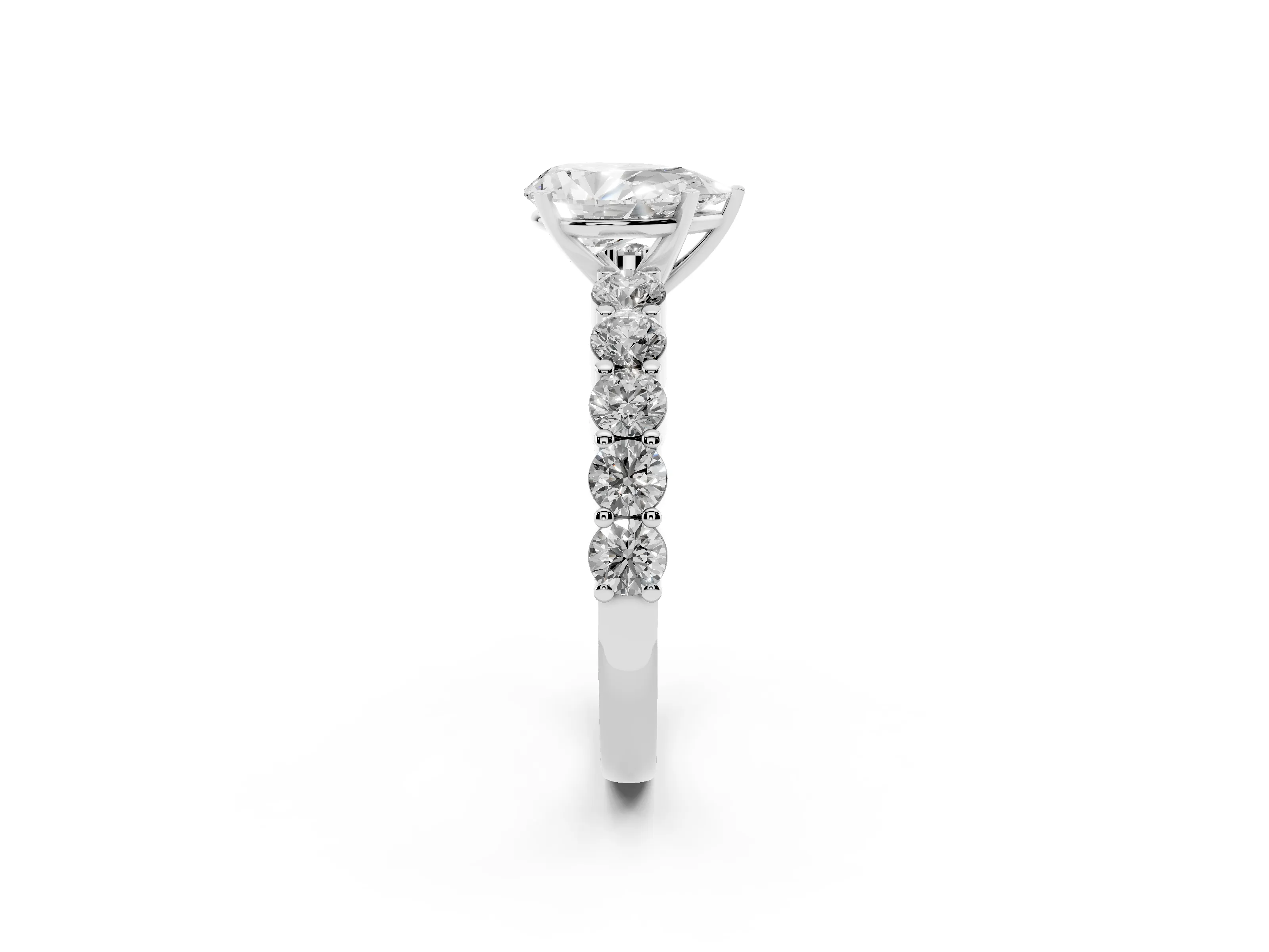 Pear Cut Diamond Solitaire Ring Set in Silver with Shared Prong Round Side Stones