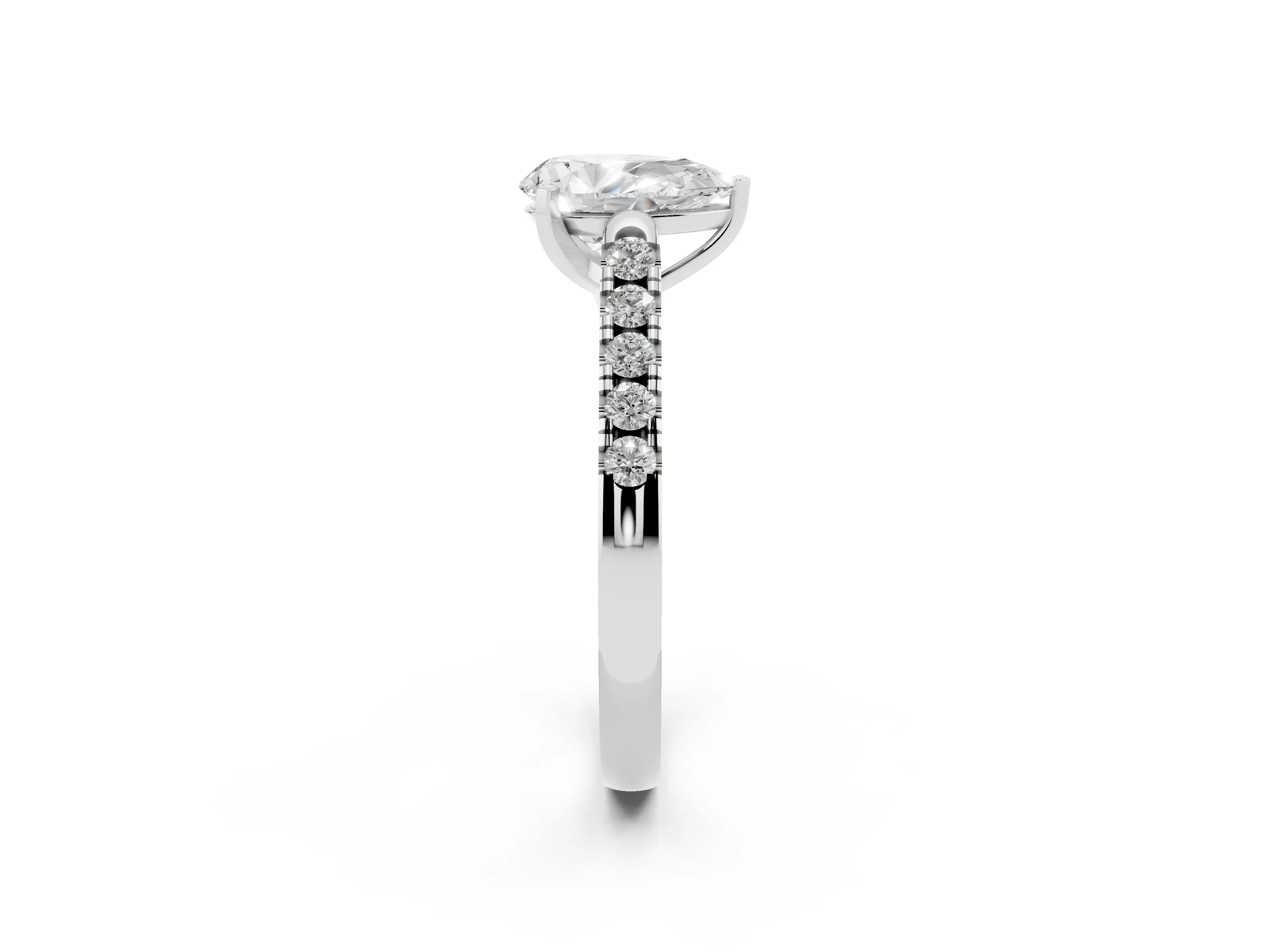 Pear Cut Diamond Pavé Band Solitaire Ring Set in White gold with Partway Accent Stones and Prong Setting