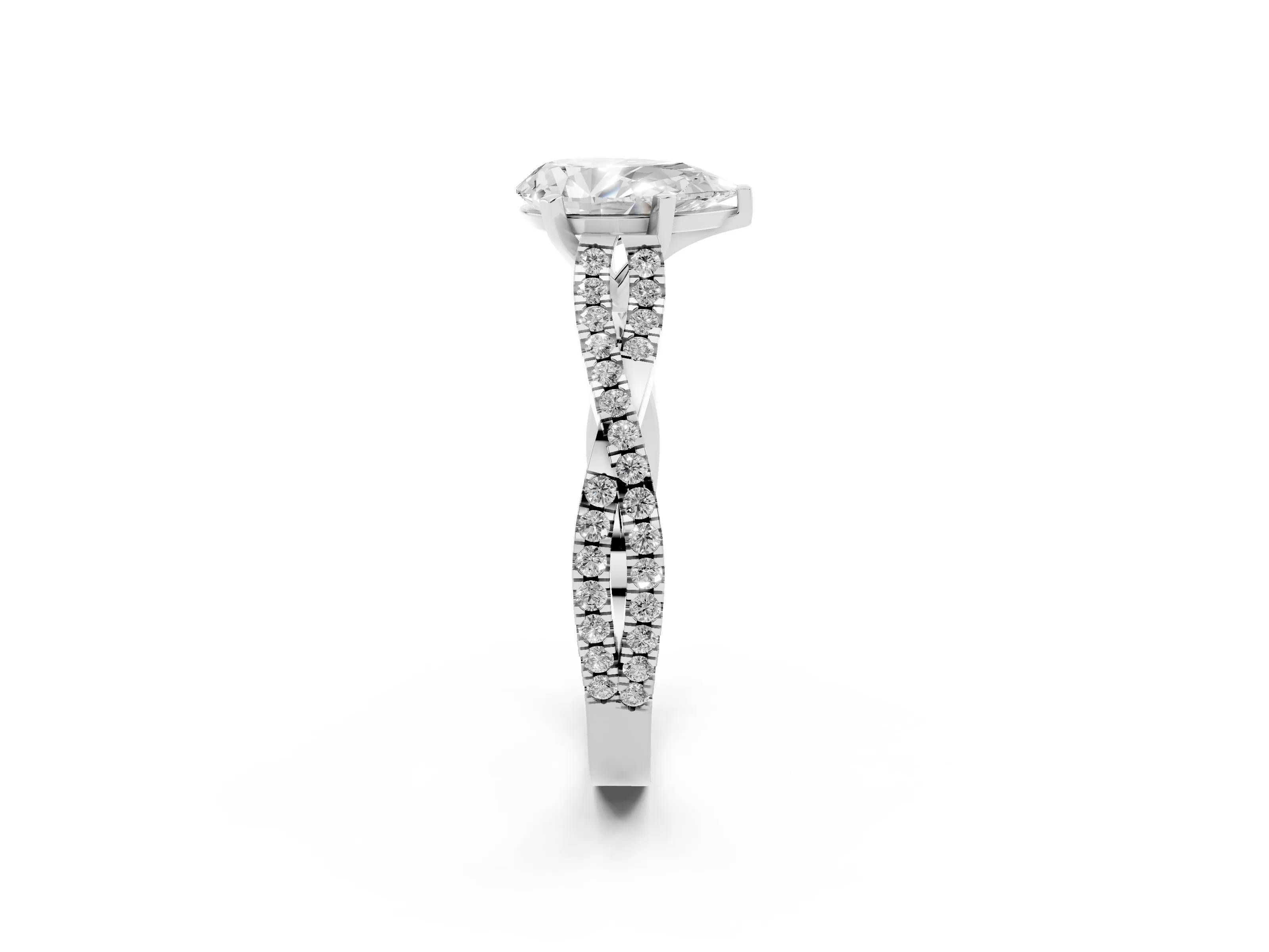 Pear Cut Diamond Solitaire Engagement Ring Set in White gold with Twisted Pavé Band and Prong Setting