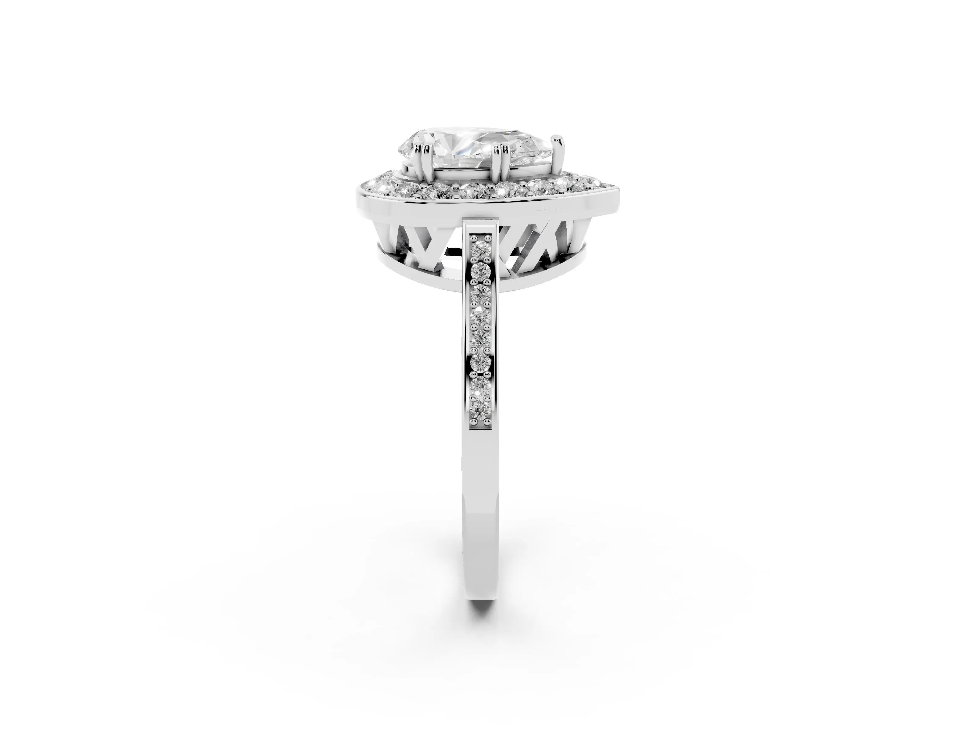 Pear Cut Diamond Halo Ring Set in Platinum with Accent-Lined Split Shank and Prong Setting