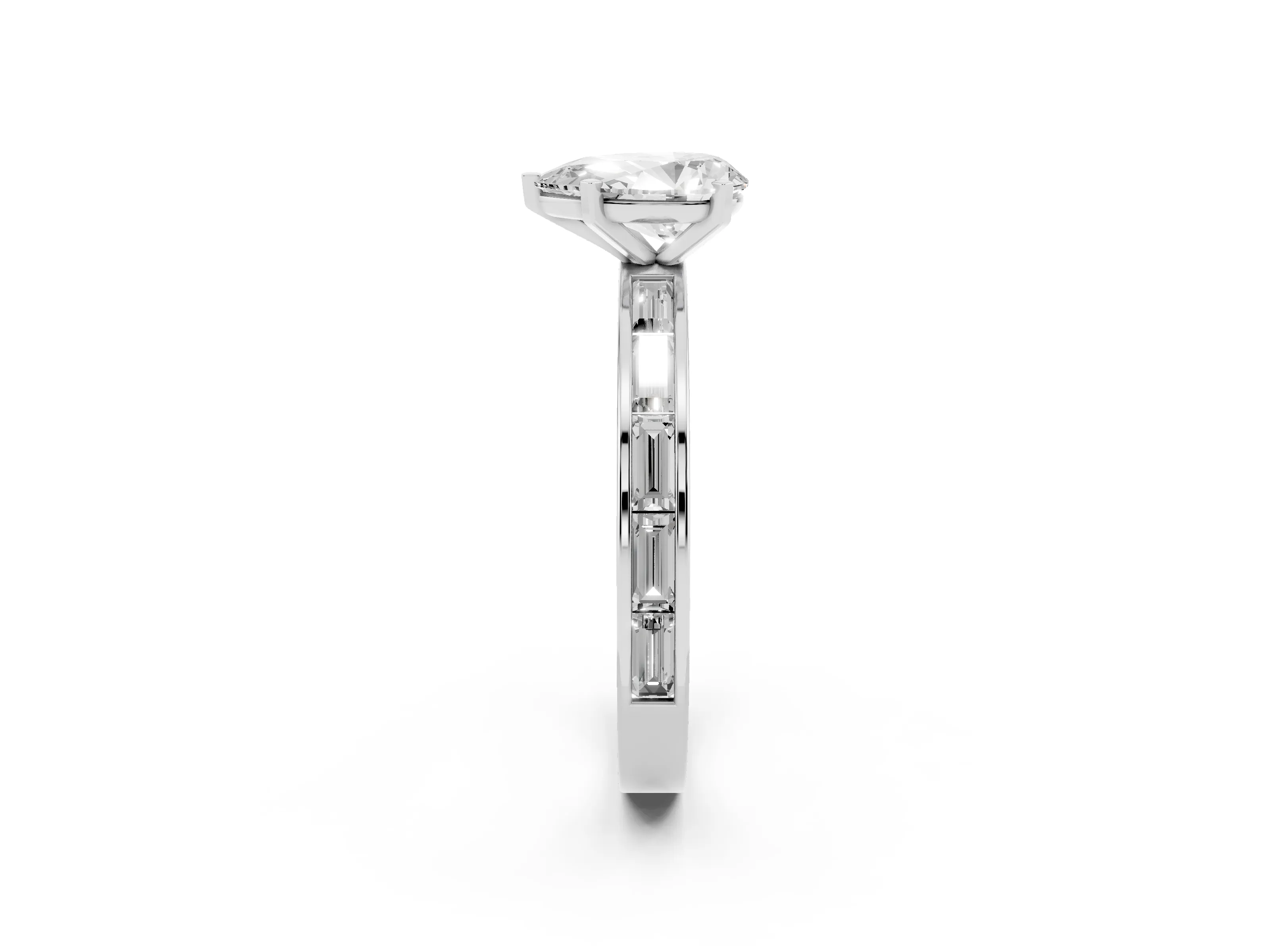 Pear Cut Diamond Solitaire Ring Set in Platinum with Channel-Set Baguette Band and Prong Setting