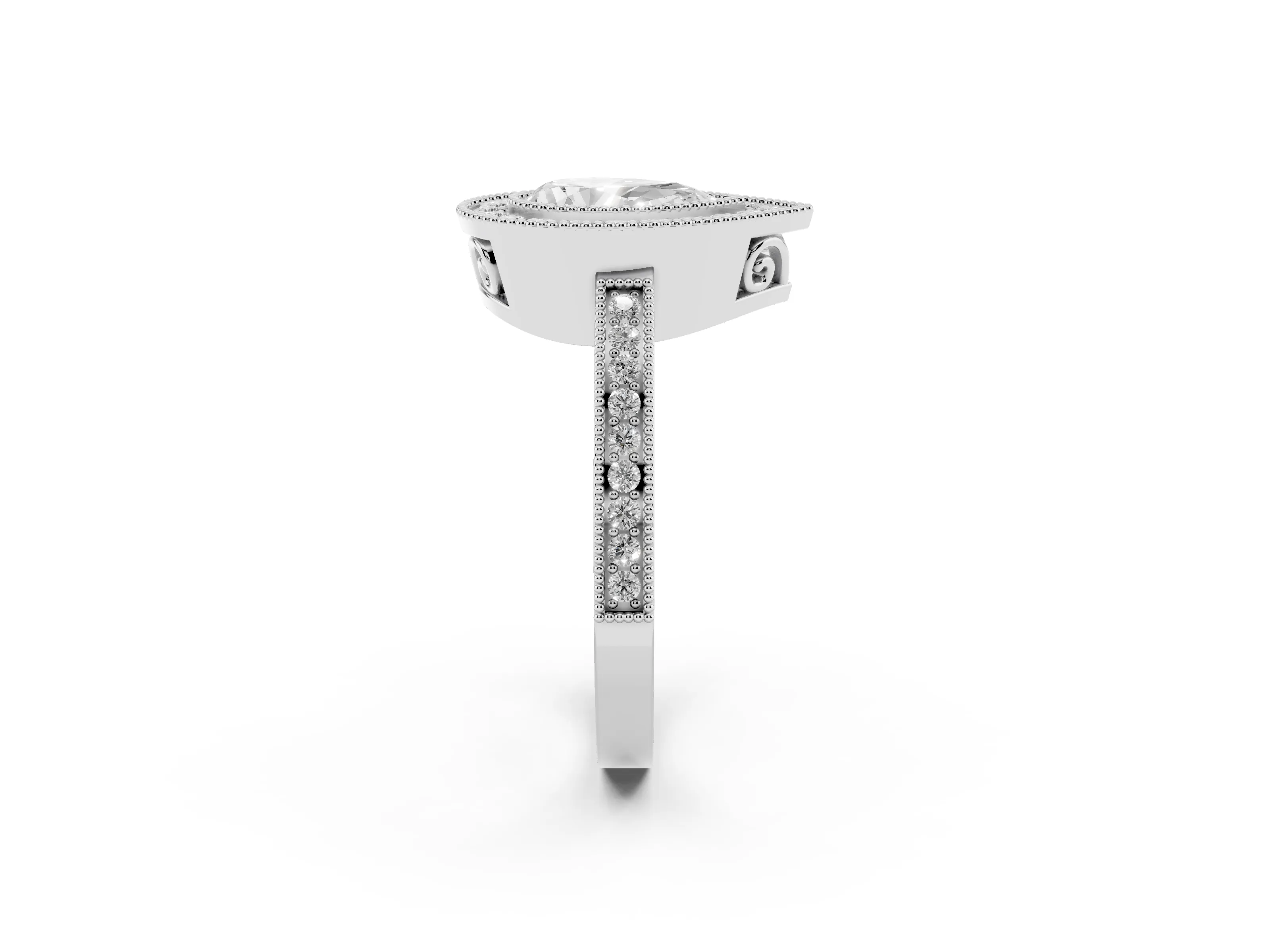Pear Cut Diamond Halo Ring Set in Platinum with Pavé Band and Milgrain-Edged Prongs