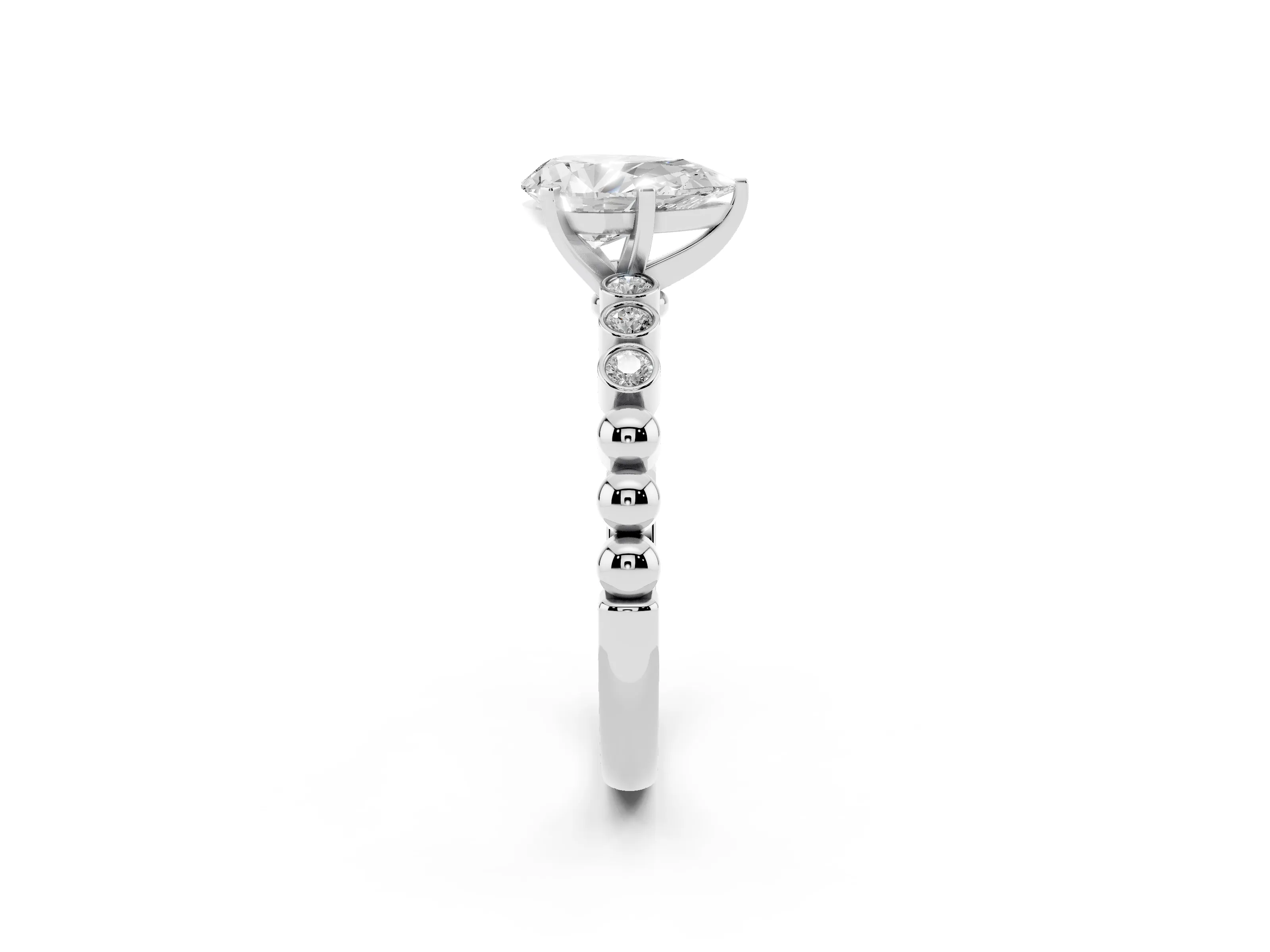 Pear Cut Diamond Solitaire Engagement Ring Set in Platinum with Bezel Accents on Beaded Band