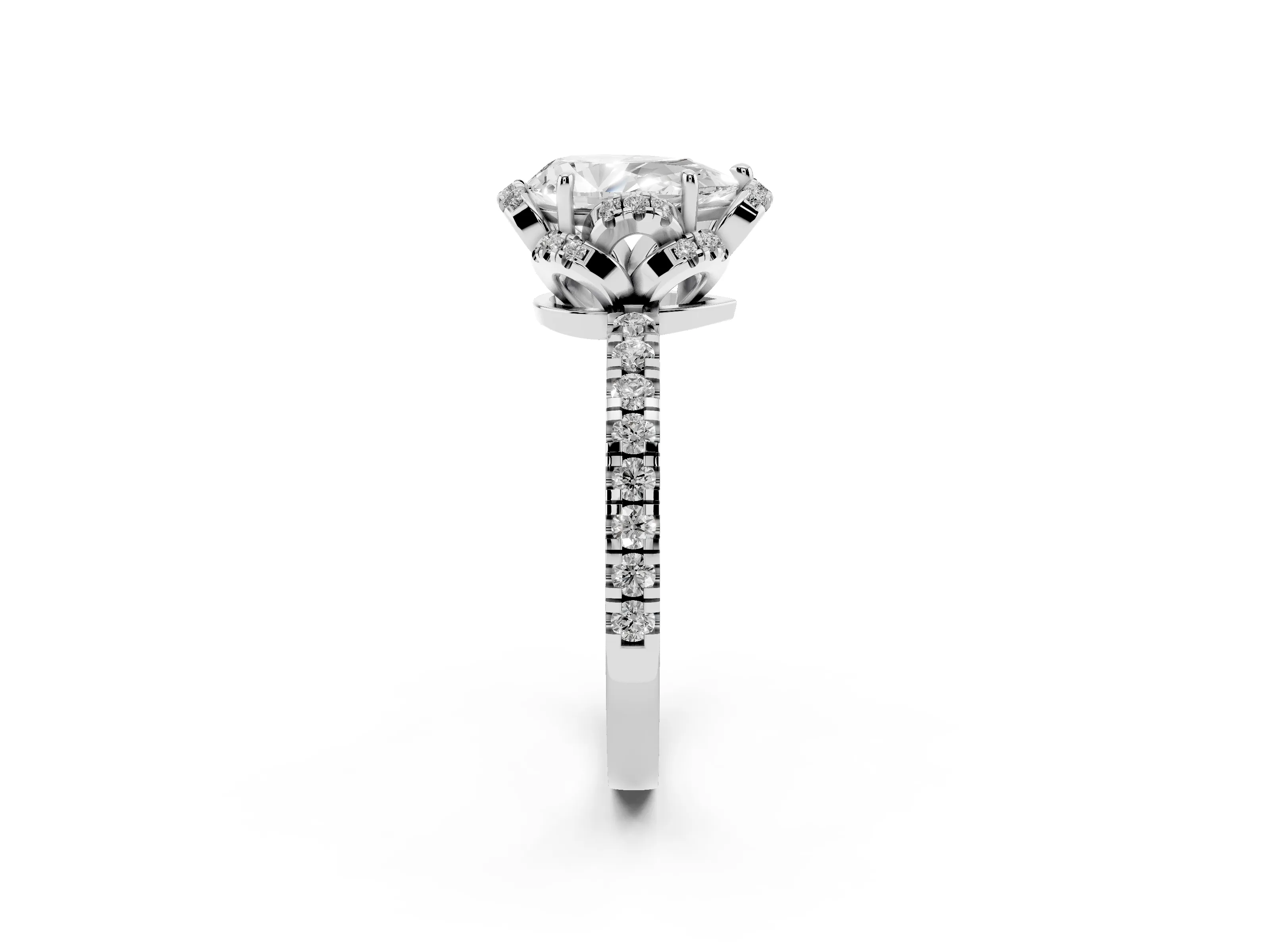 Pear Cut Diamond Halo Pavé Band Ring Set in Silver with Prong-Held Center