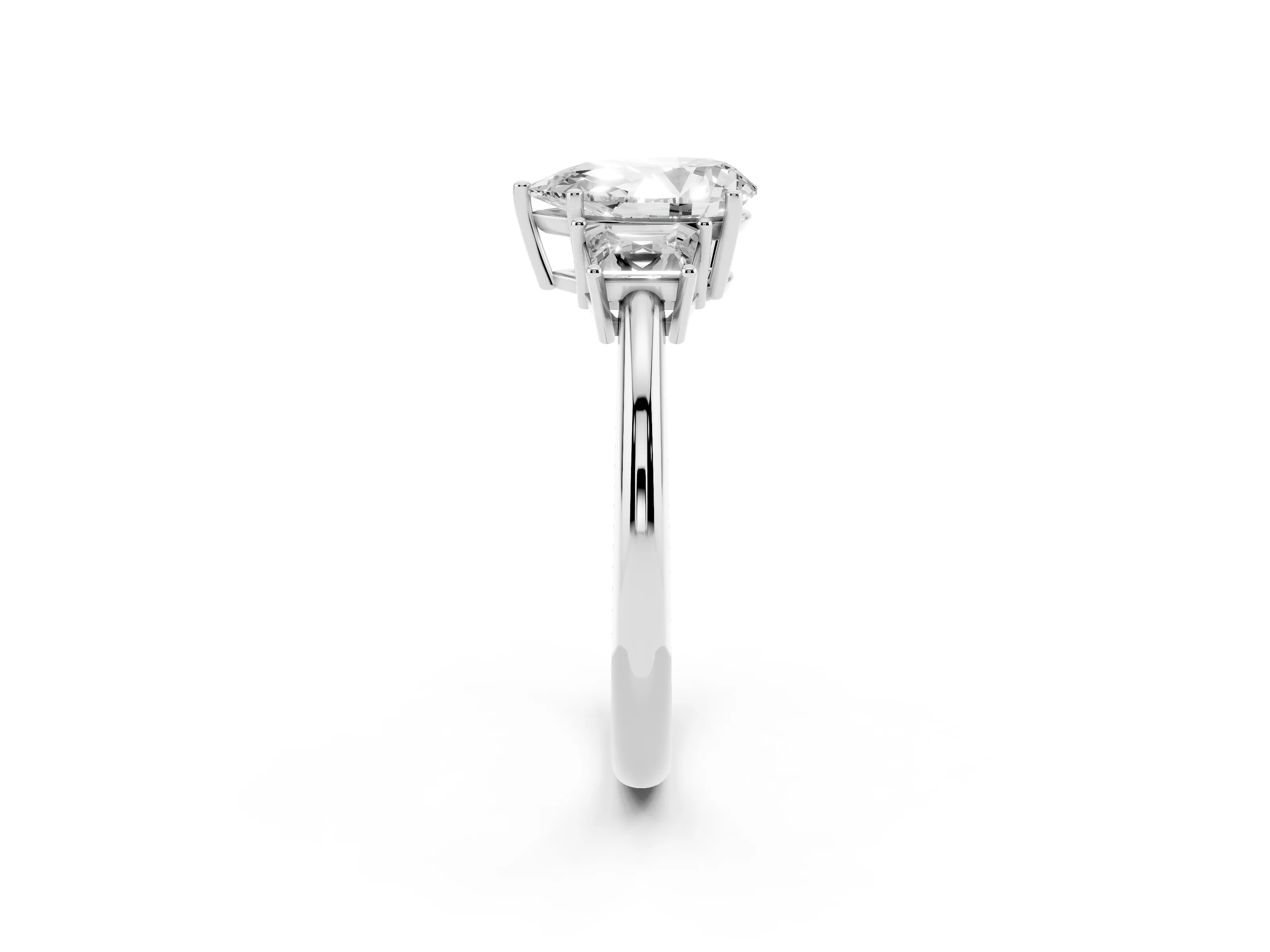 Pear Cut Diamond Three-Stone Ring Set in White gold with Trapezoid Side Stones and Prong Setting