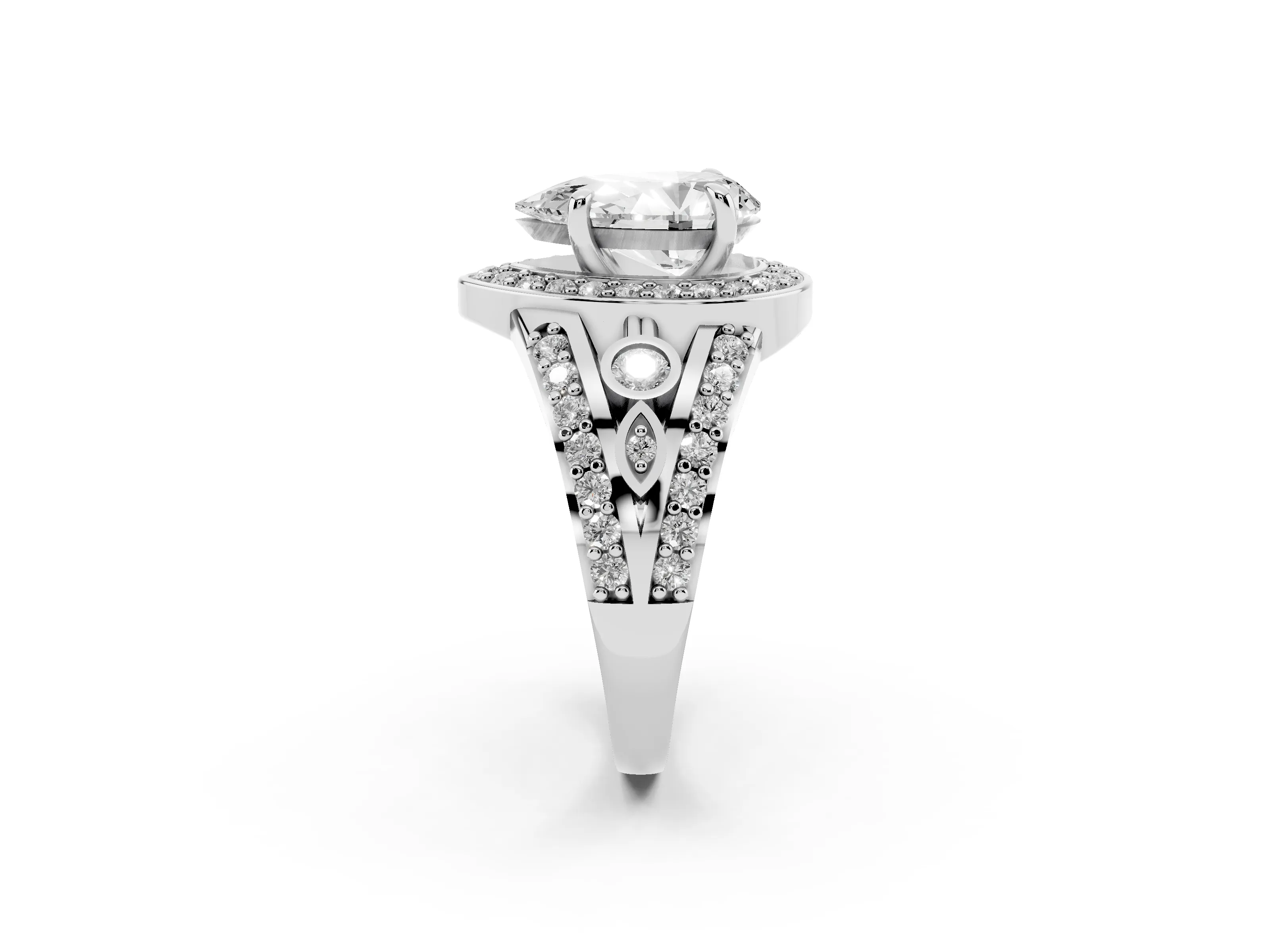 Pear Cut Diamond Halo Ring Set in White gold with Pavé Split Shank and Bezel Accents