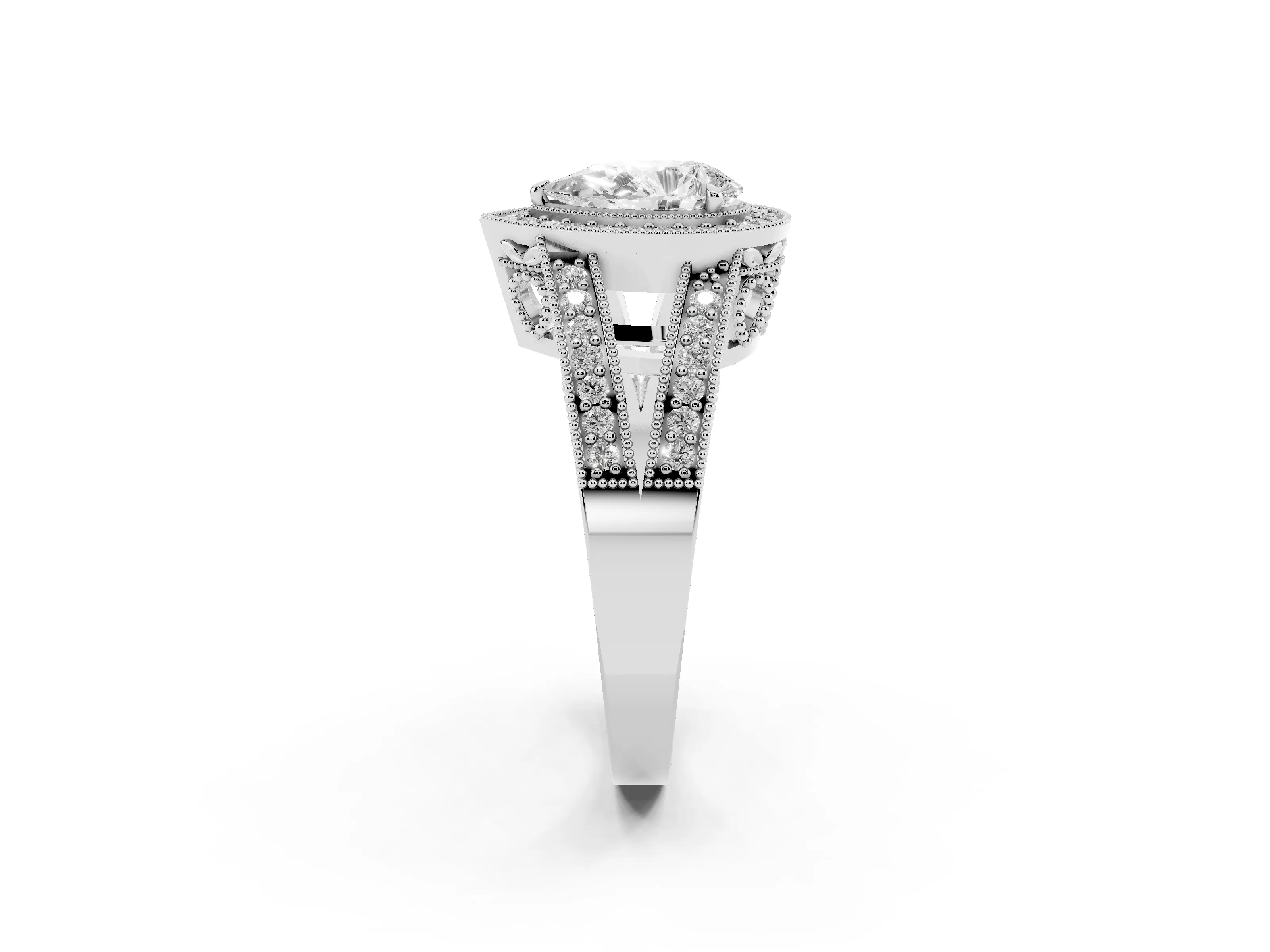 Pear Cut Diamond Halo Ring Set in White gold with Stone-Set Split Shank and Milgrain Edges