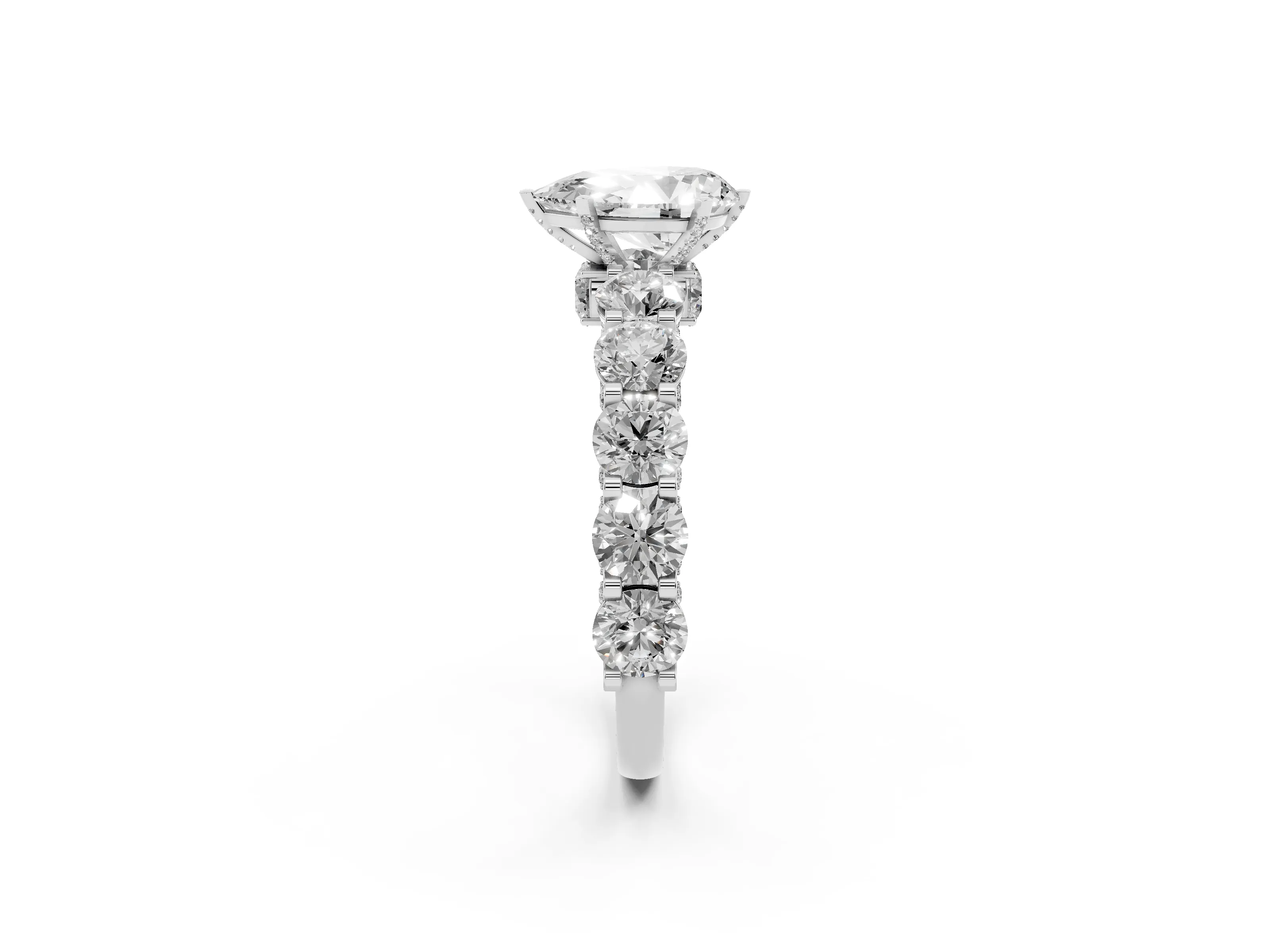Pear Cut Diamond Side Stone Ring Set in White gold with Alternating Round and Oval Side Stones