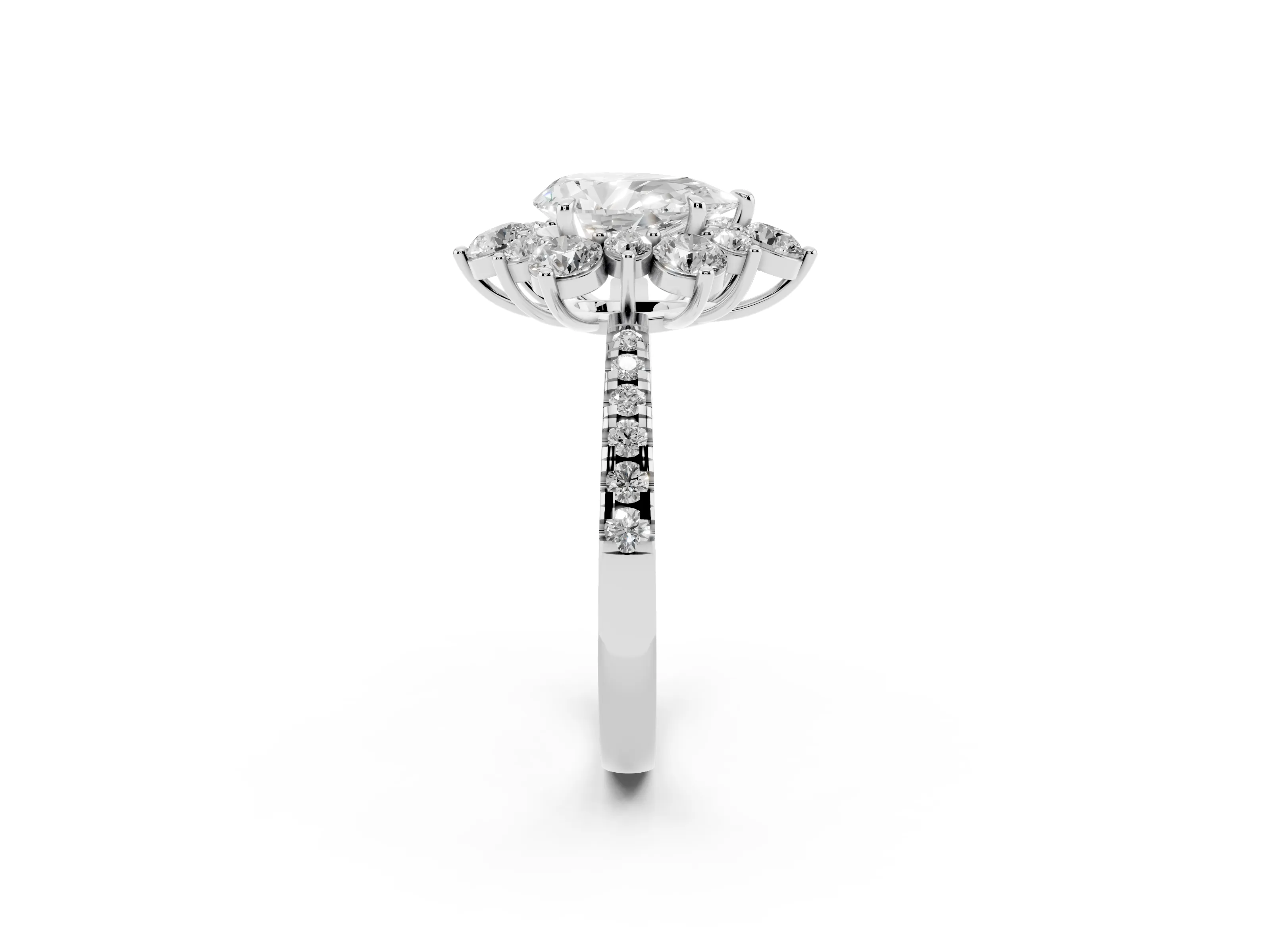 Pear Cut Diamond Floral Halo Ring Set in White gold with Round Pavé Band and Prong Setting