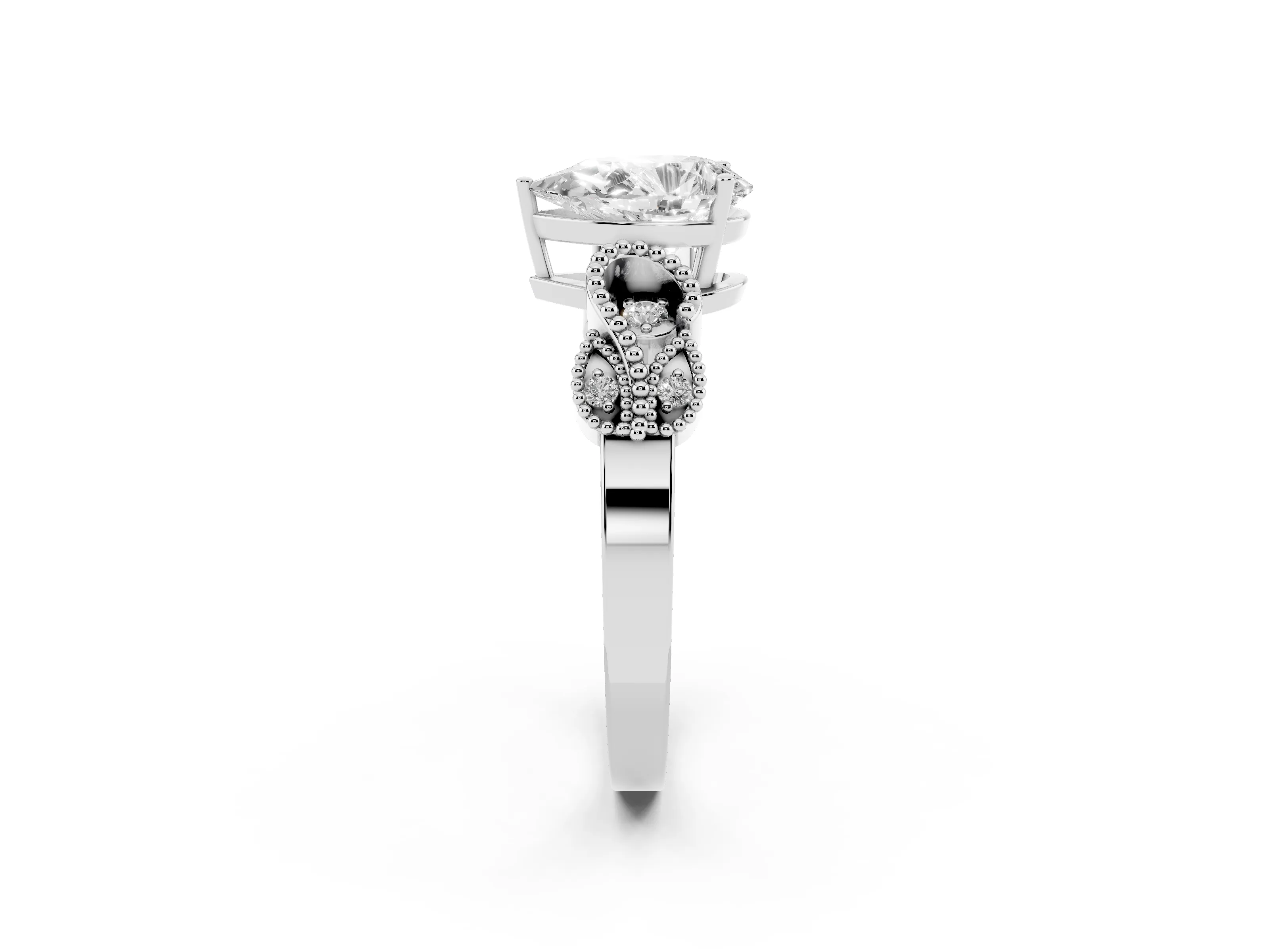 Pear Cut Diamond Milgrain Leaf Band Solitaire Ring Set in White gold with Accent Stones and Prong Setting