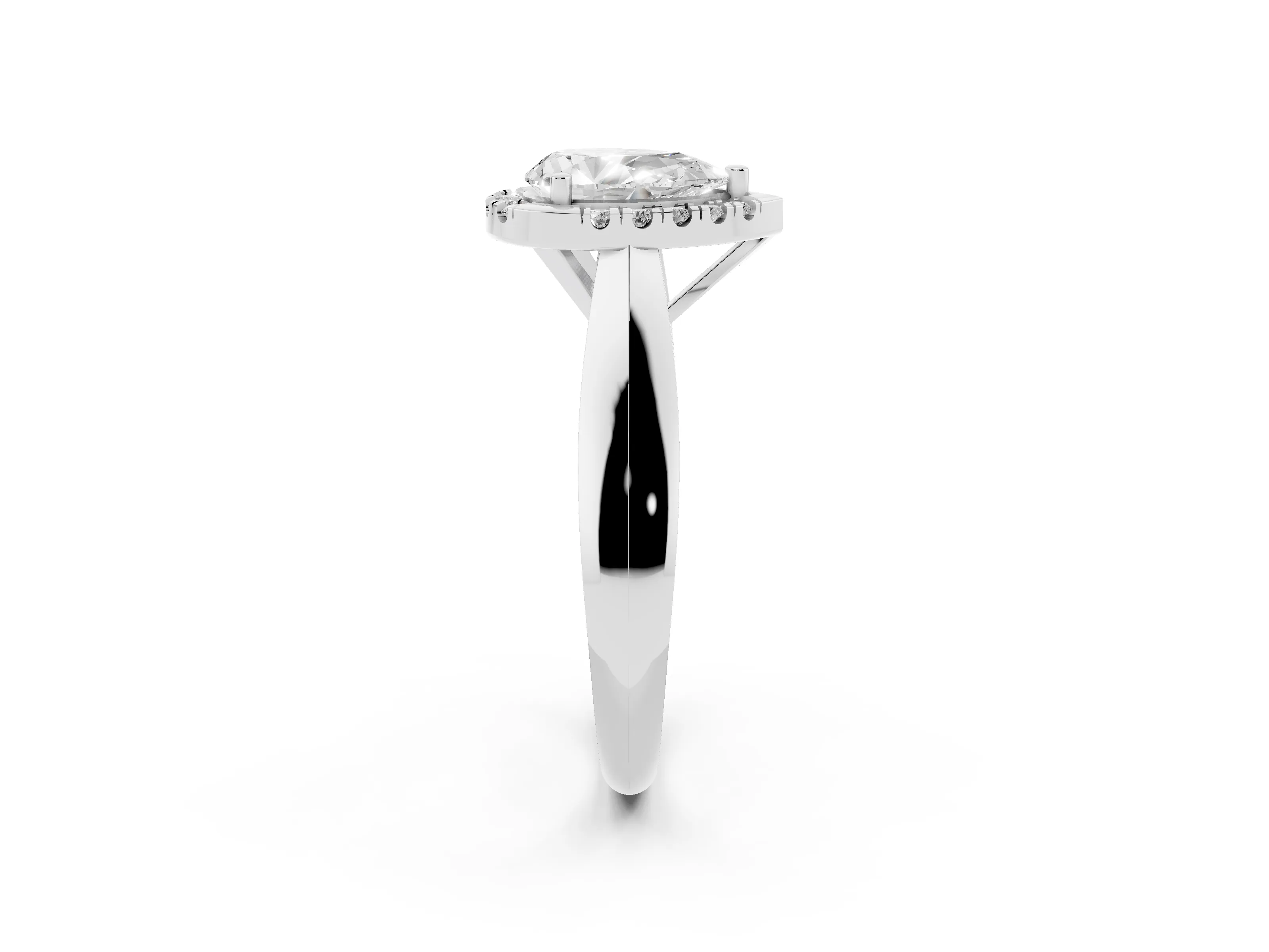 Pear Cut Diamond Halo Solitaire Engagement Ring Set in Platinum with Square Band and Prong Setting