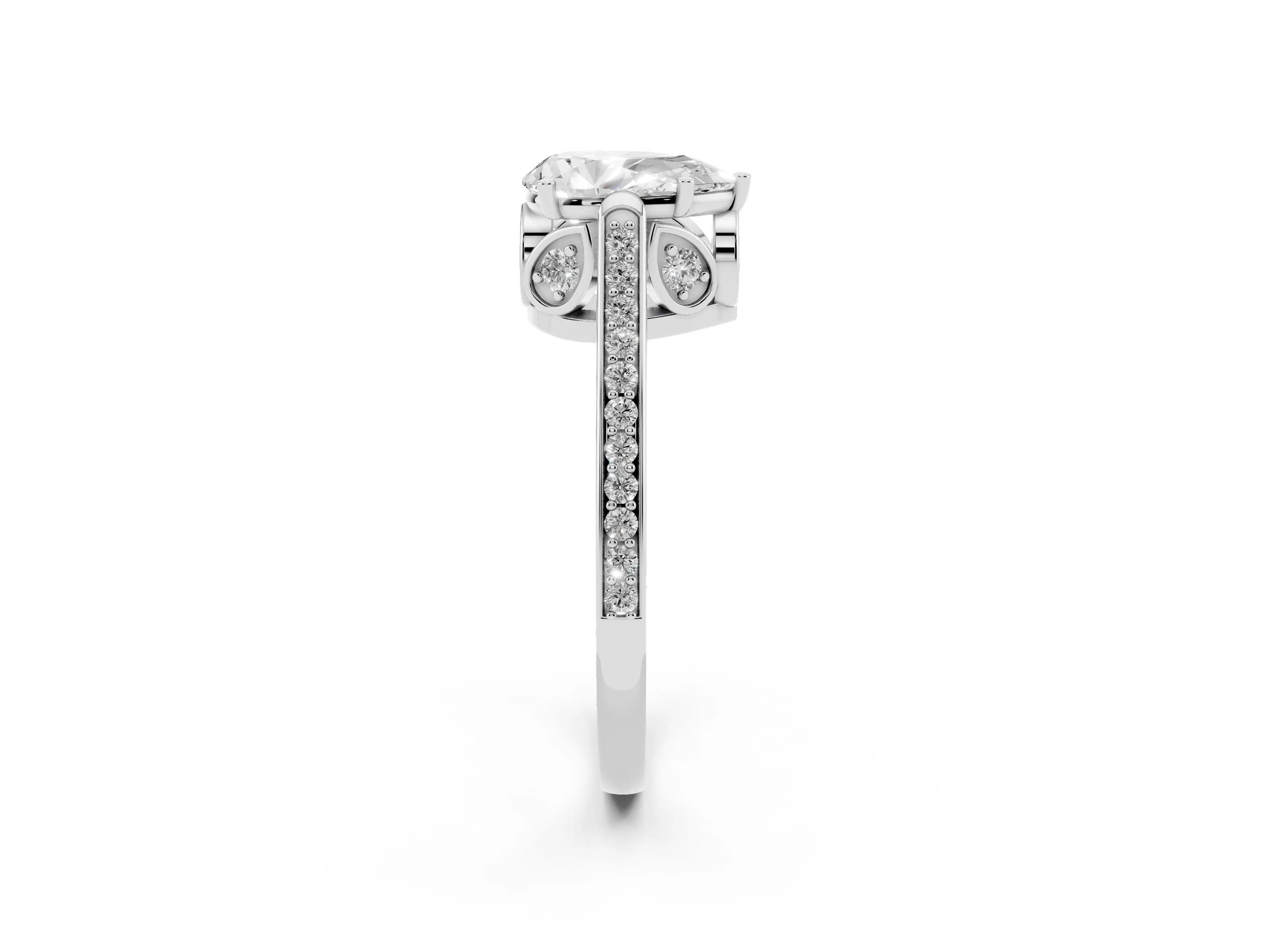 Pear Cut Diamond Cathedral Pavé Engagement Ring Set in Platinum with Prong Setting