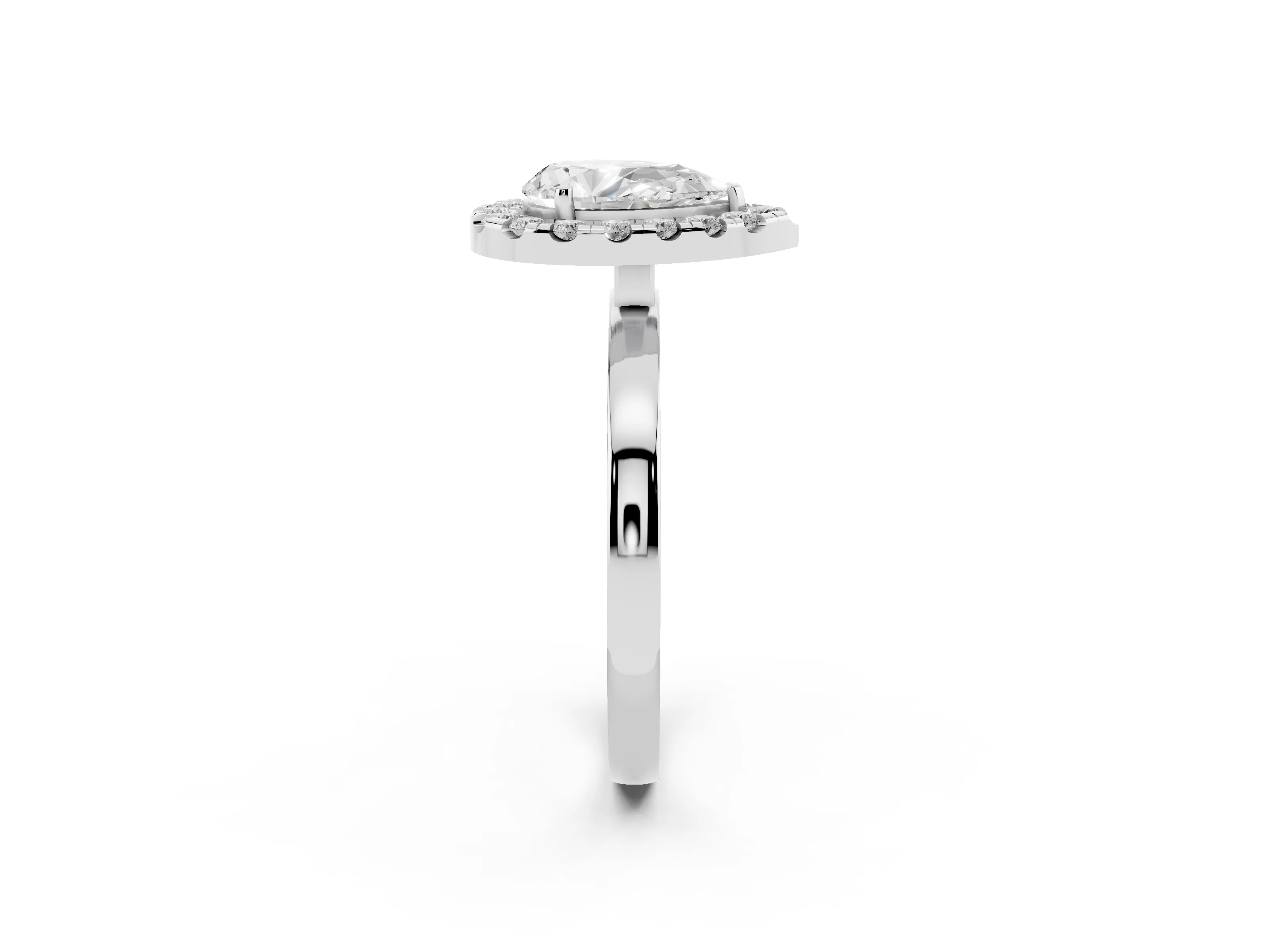 Pear Cut Diamond Halo Solitaire Ring Set in White gold with Pavé Band and Prong Setting