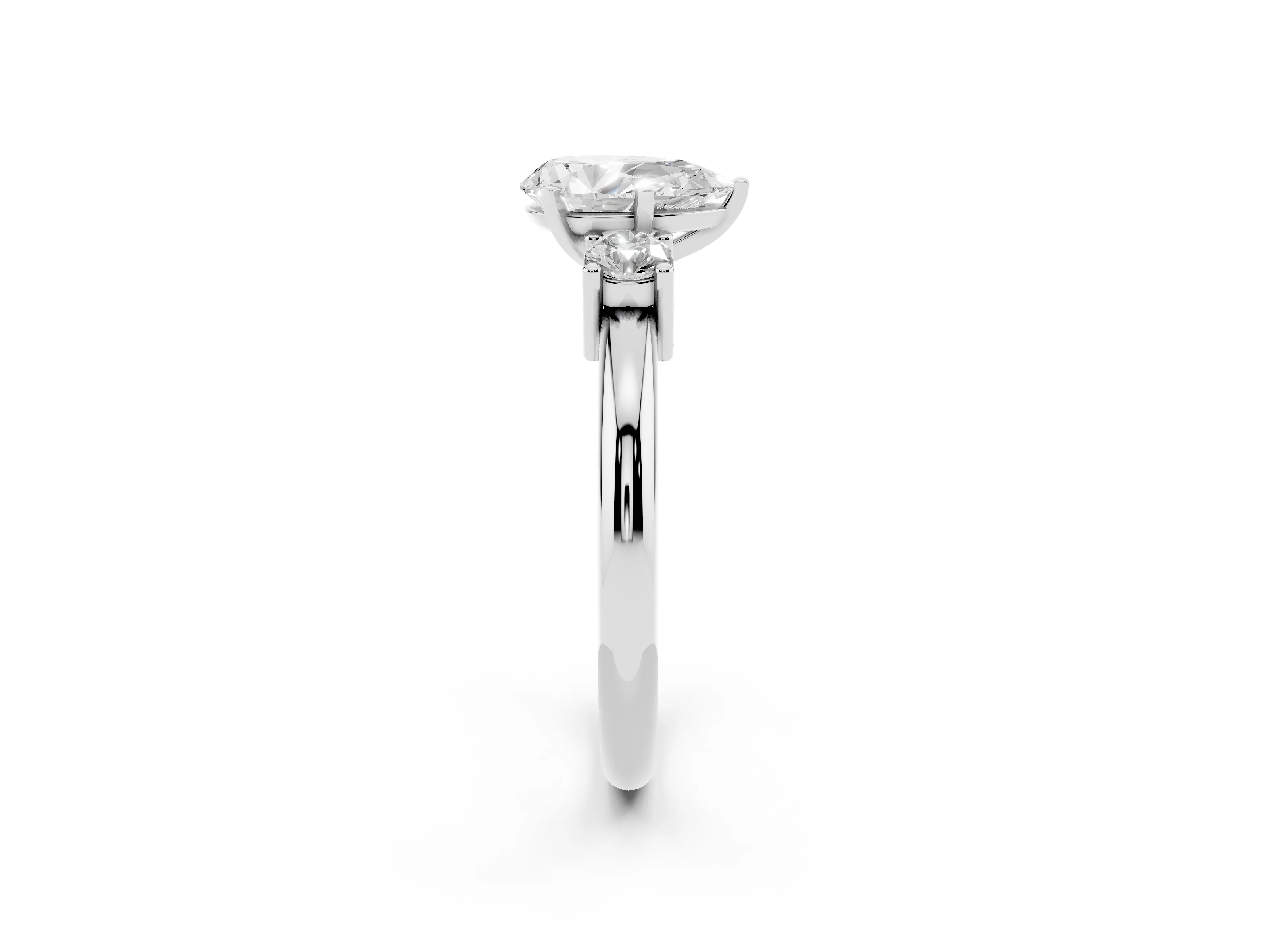 Three-Stone Pear Cut Diamond Ring Set in White gold with Prong Setting and Plain Band