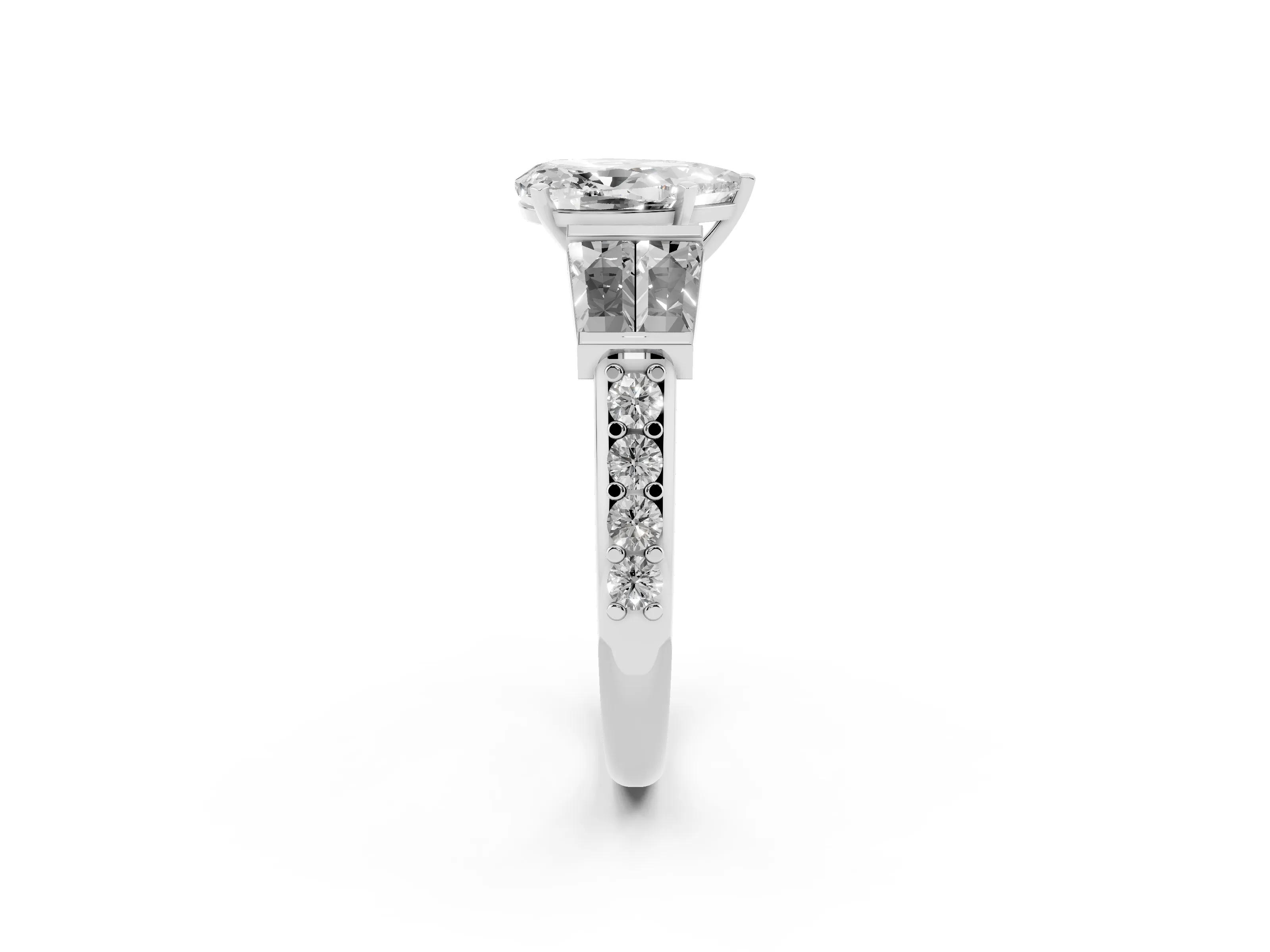 Pear Cut Diamond Engagement Ring Set in White gold with Baguette Side Stones and Channel Set Band
