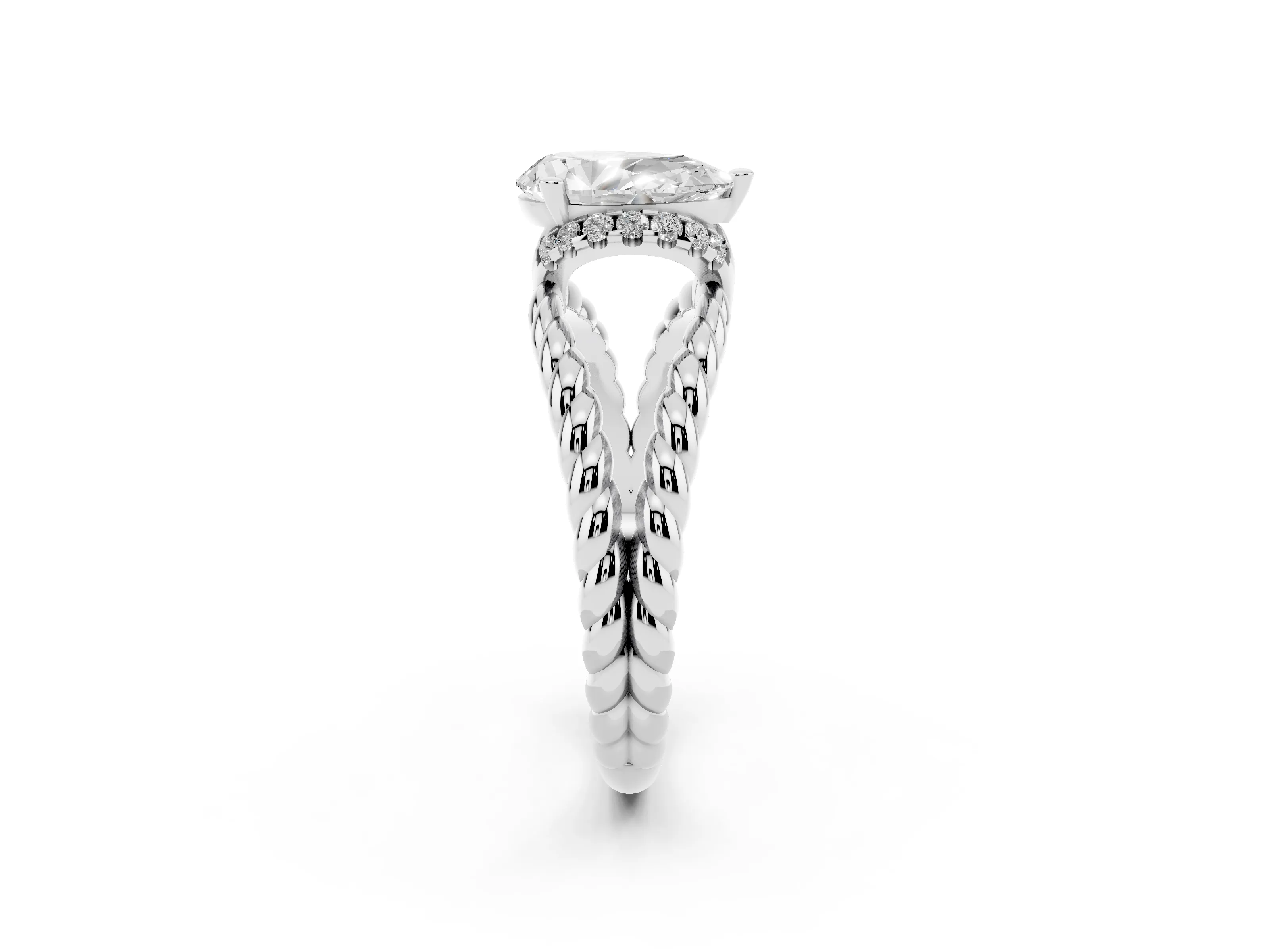 Pear Cut Diamond Halo Ring Set in White gold with Twisted Band and Prong Setting