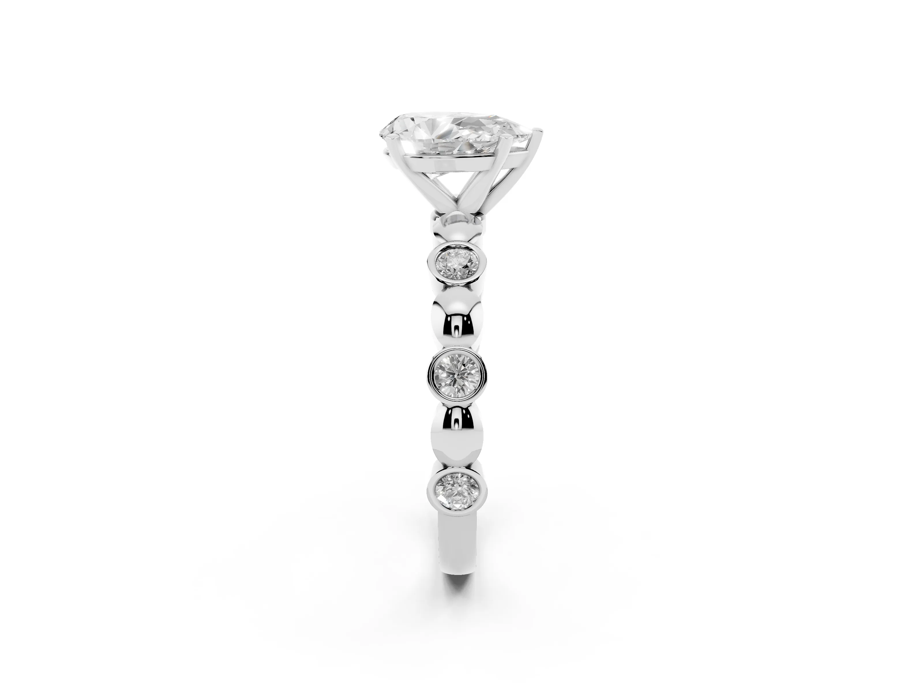 Pear Cut Diamond Solitaire Ring Set in White gold with Bezel-Set Accents on Beaded Band and Prong Setting
