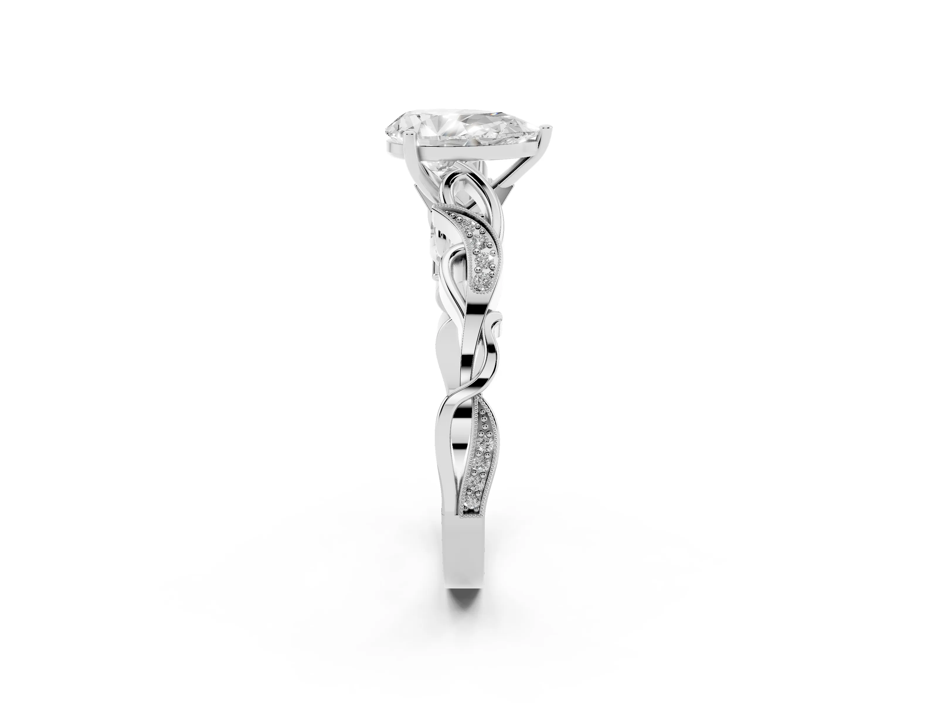 Pear Cut Diamond Vine Band Solitaire Ring Set in Silver with Milgrain Prong Setting