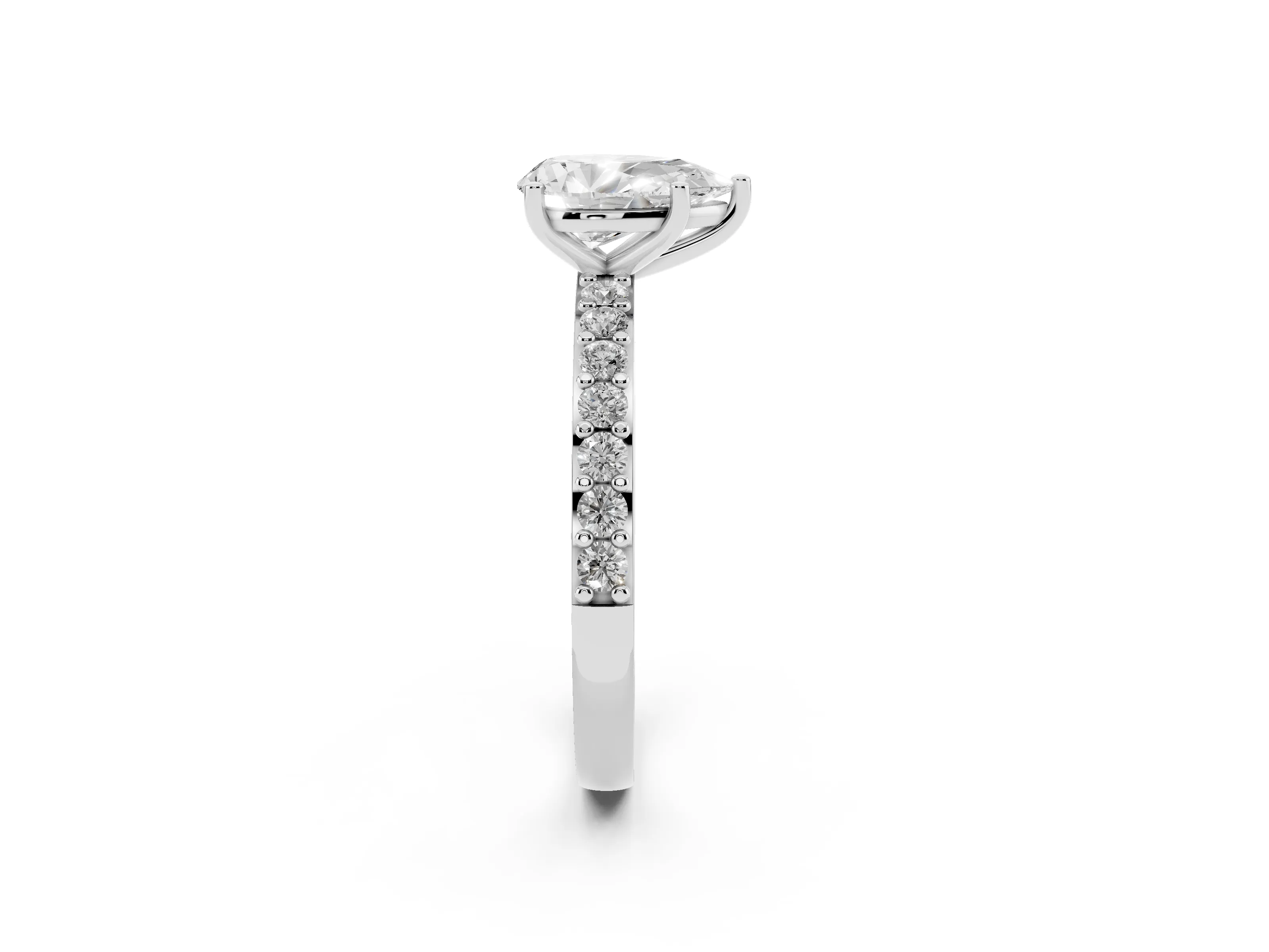 Pear Cut Diamond Solitaire Set in White gold with Round Pavé Band and Prong Setting