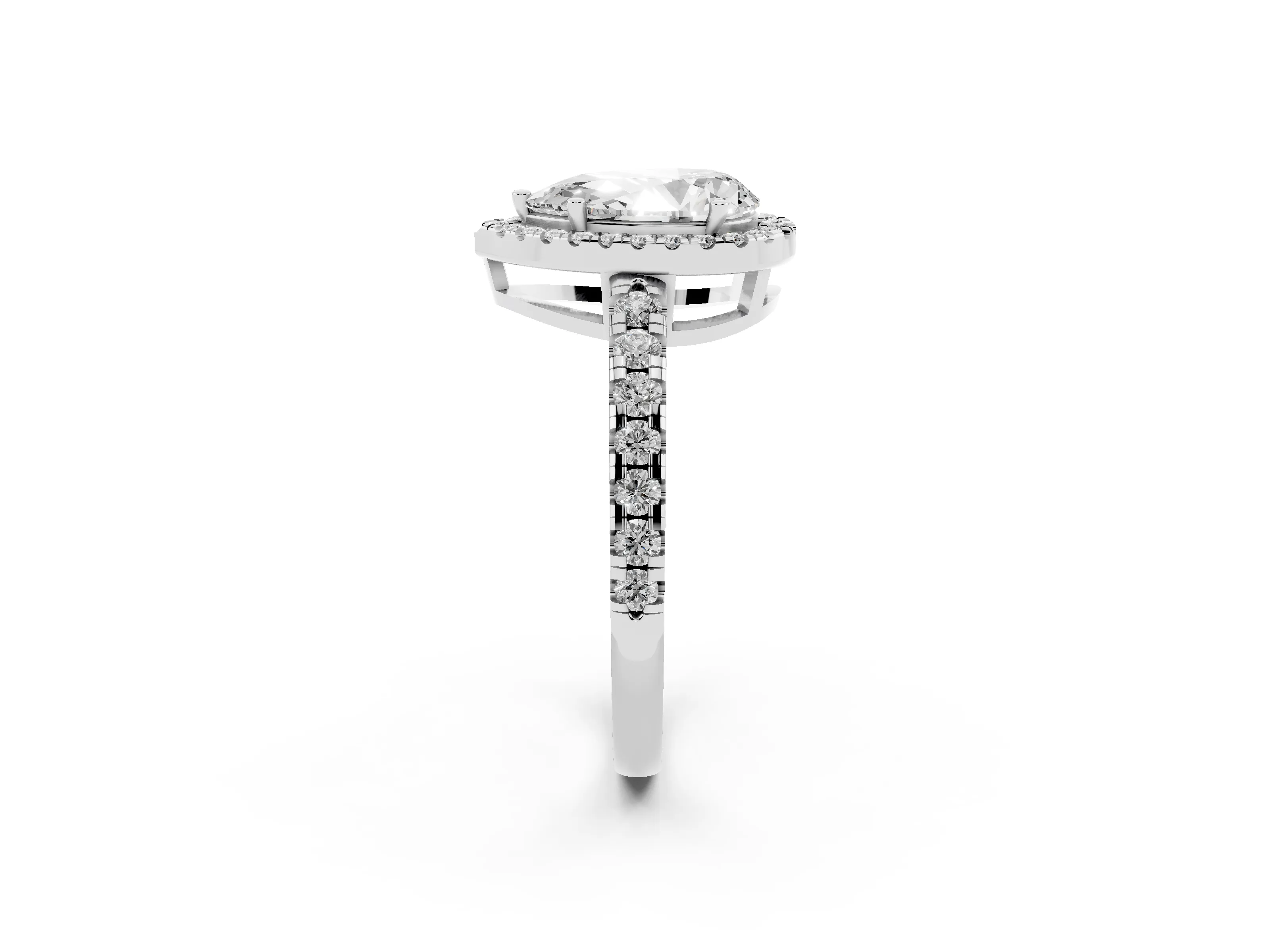 Pear Cut Diamond Halo Ring Set in White gold with Delicate Pavé Band and Prong Setting