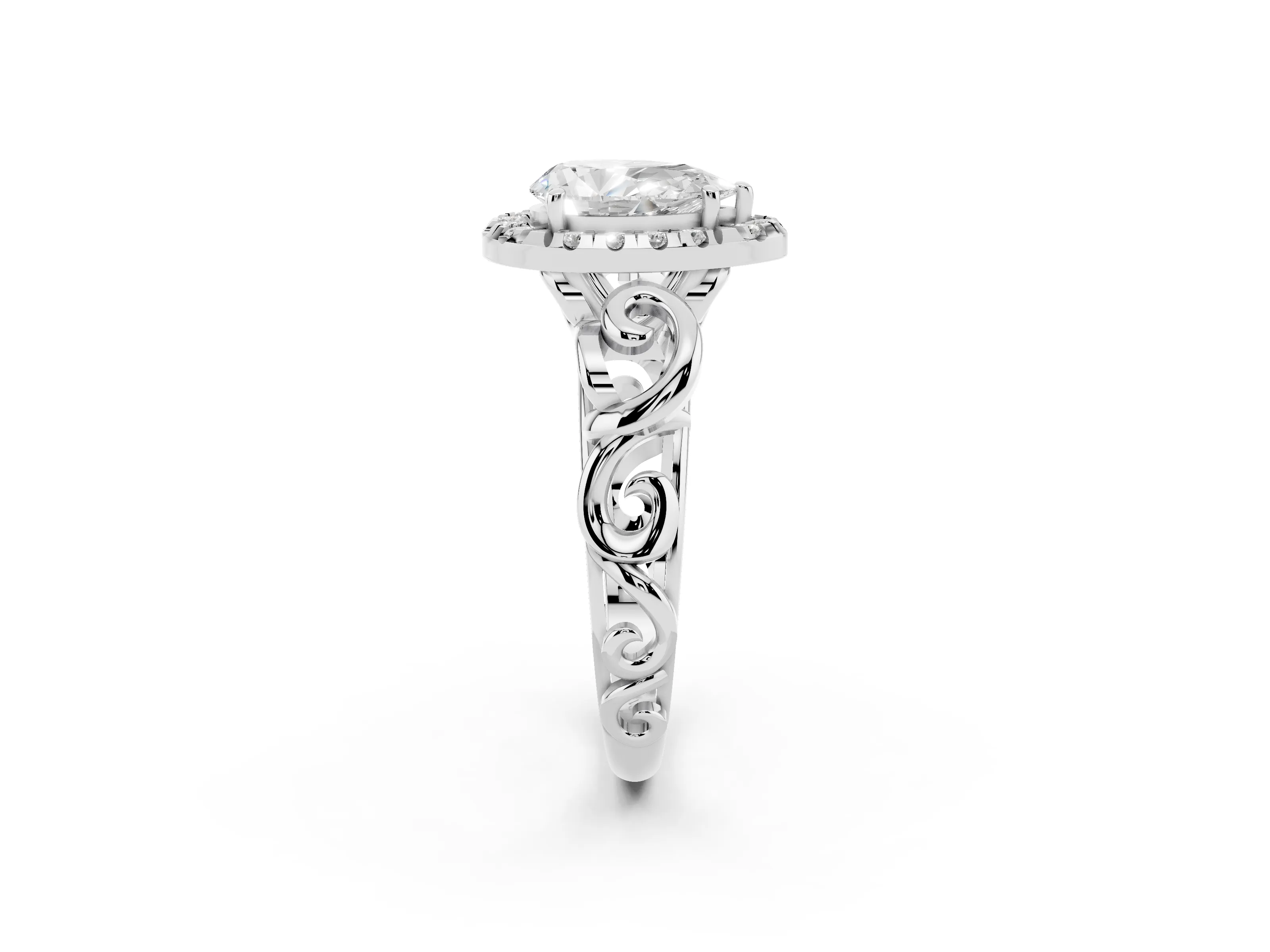 Pear Cut Diamond Halo Ring Set in Platinum with Scrollwork Band and Prong Setting