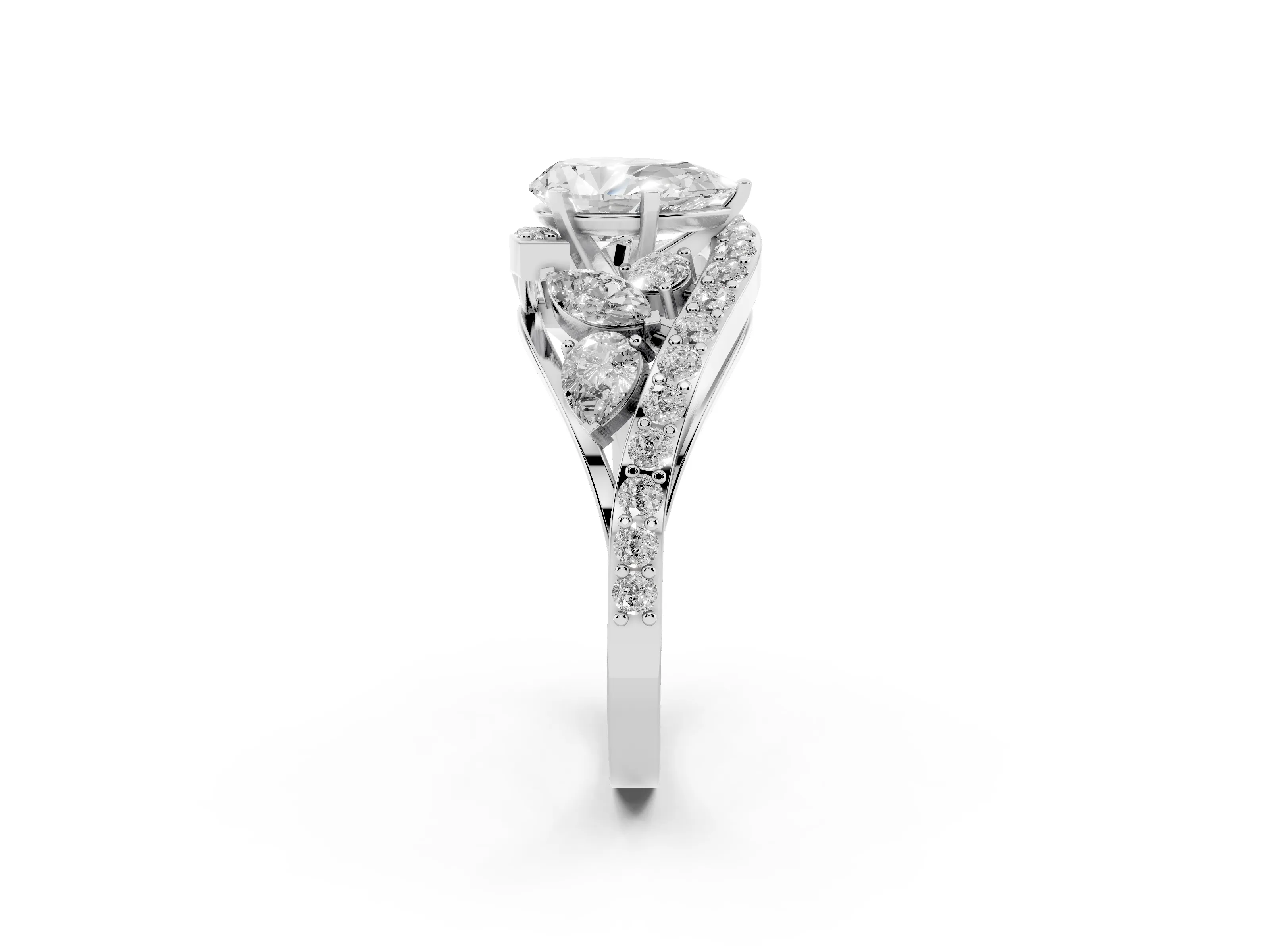Pear Cut Diamond Halo Ring Set in Platinum with Marquise and Pavé Band in Prong Setting