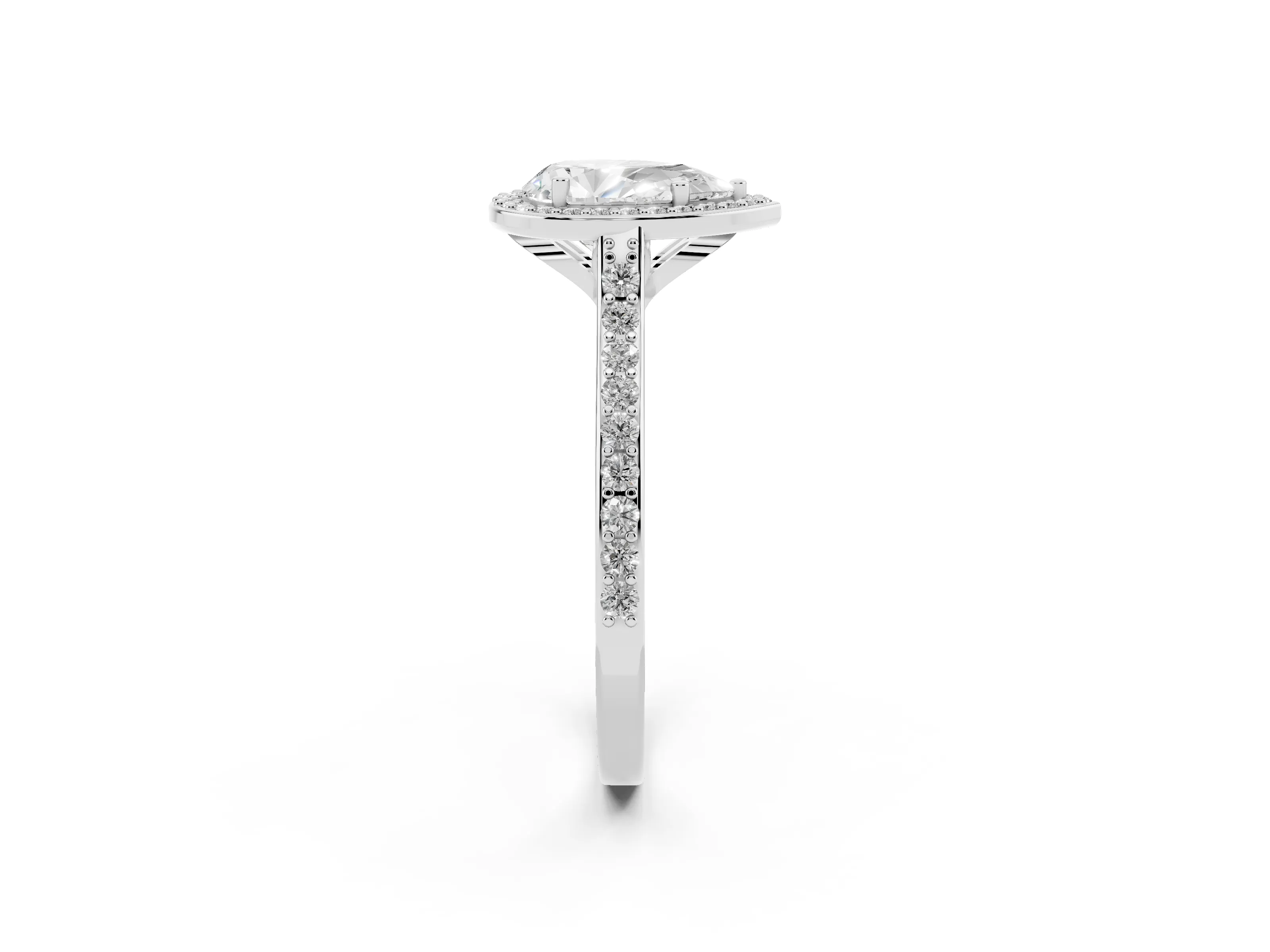 Pear Cut Diamond Halo Engagement Ring Set in White gold with Round Pavé Shoulders and Heart Gallery