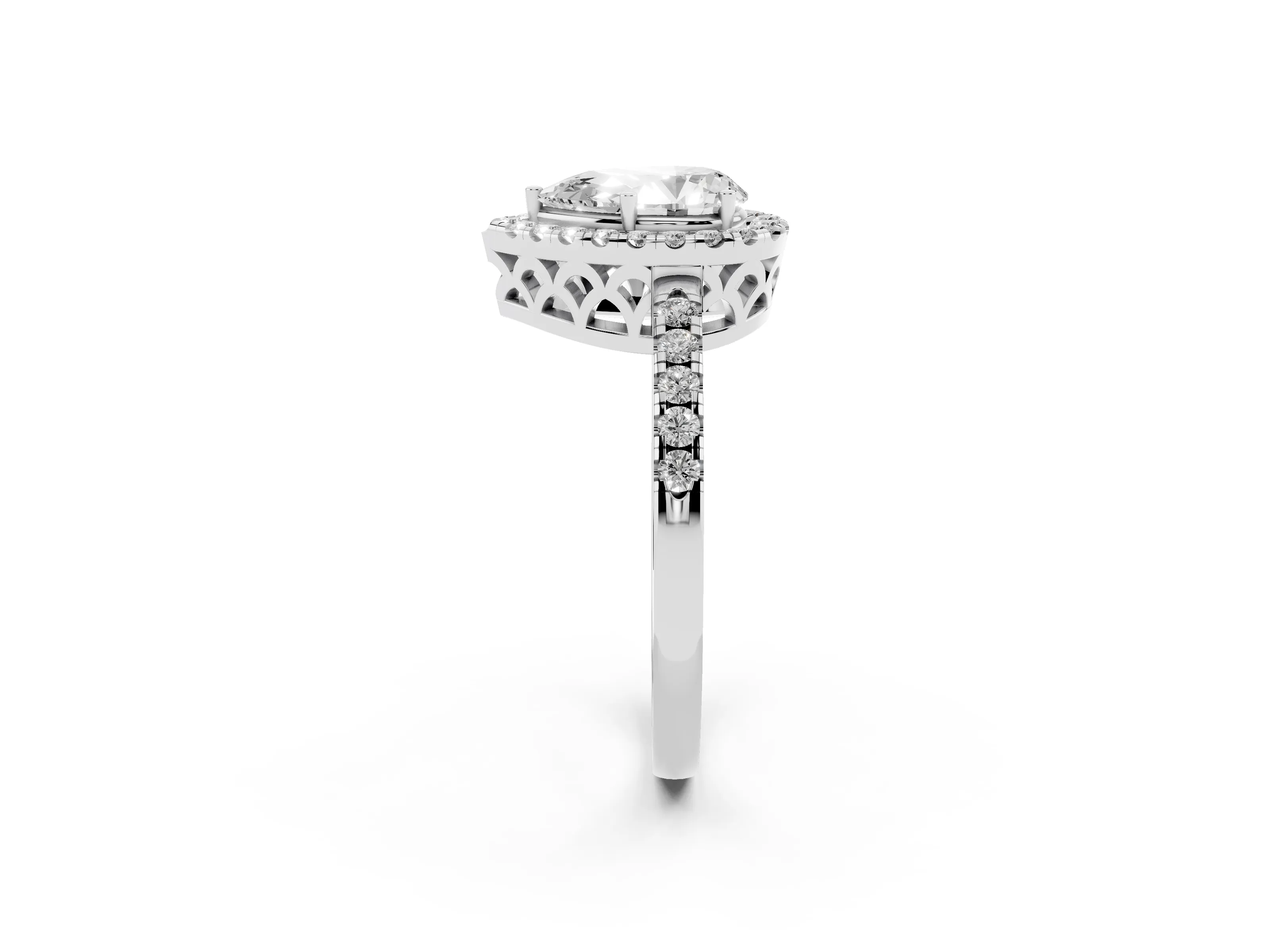 Pear Cut Diamond Pavé Band Halo Engagement Ring Set in Silver with Prong Setting