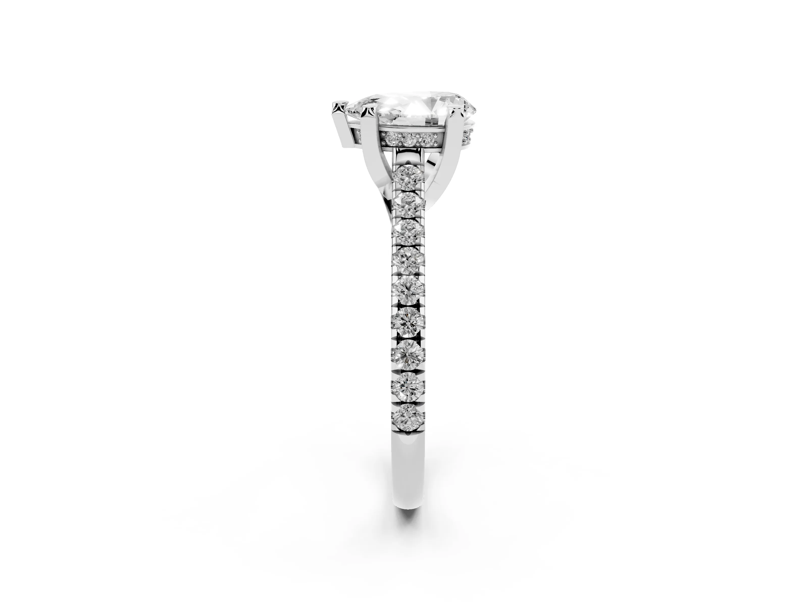 Pear Cut Diamond Solitaire Ring Set in Platinum with Brilliant Pavé Band and Prong Setting