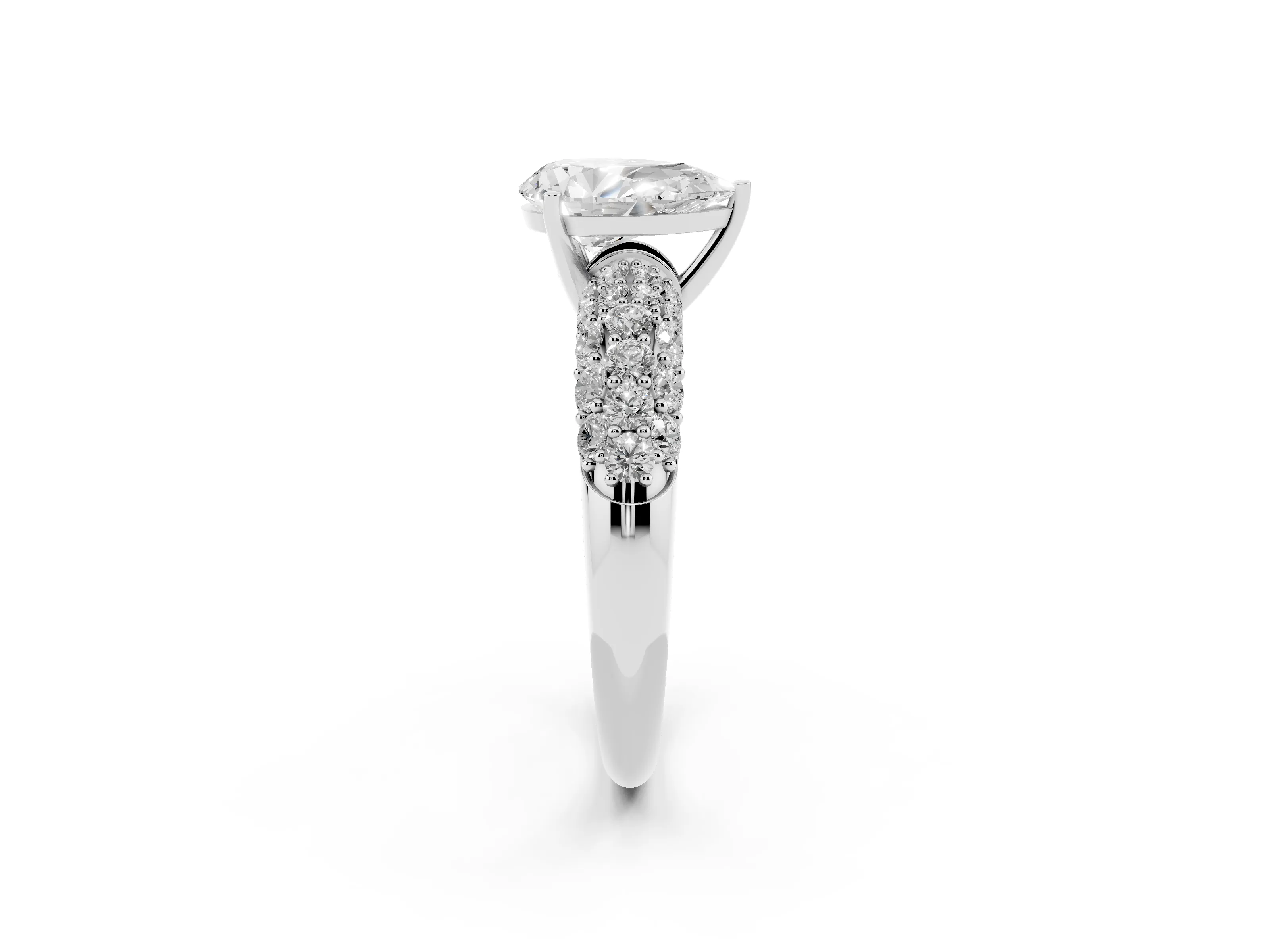 Pear Cut Diamond Pavé Band Solitaire Ring Set in White gold with Close-Set Accent Stones and Prong Setting