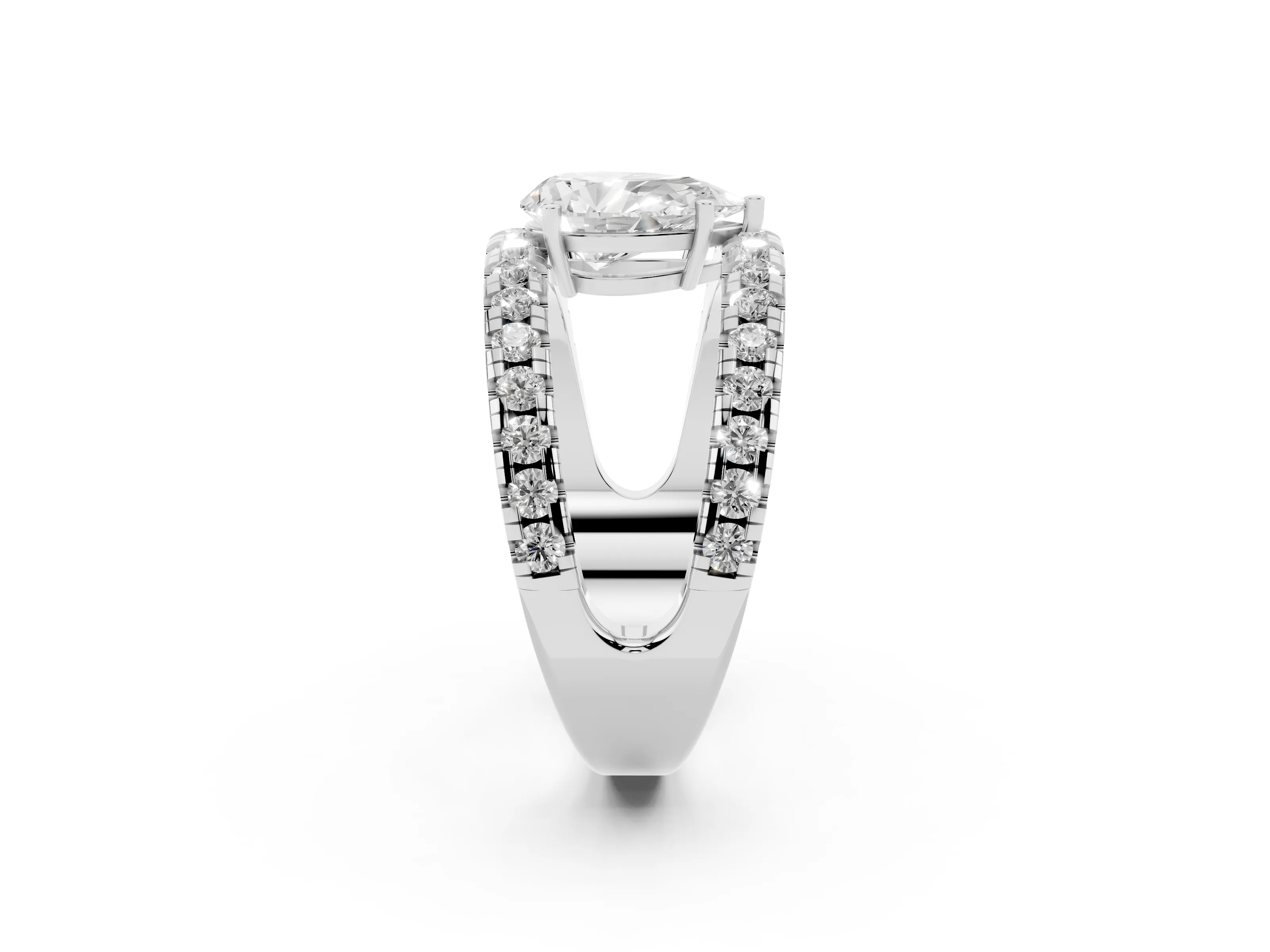 Pear Cut Diamond Split Shank Pavé Solitaire Ring Set in Silver with Open Shank Design