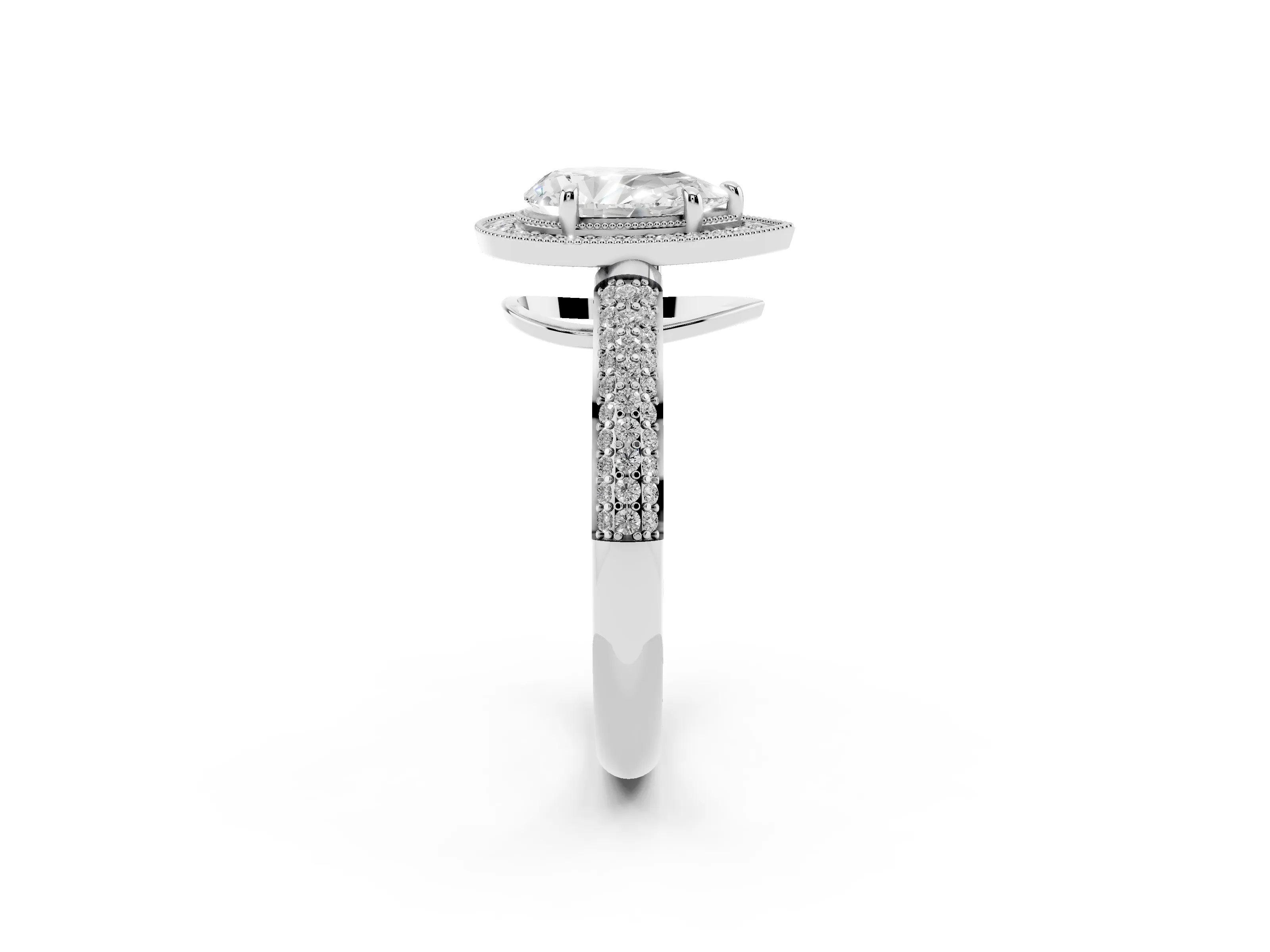 Pear Cut Diamond Halo Pavé Band Set in White gold with Prong Setting