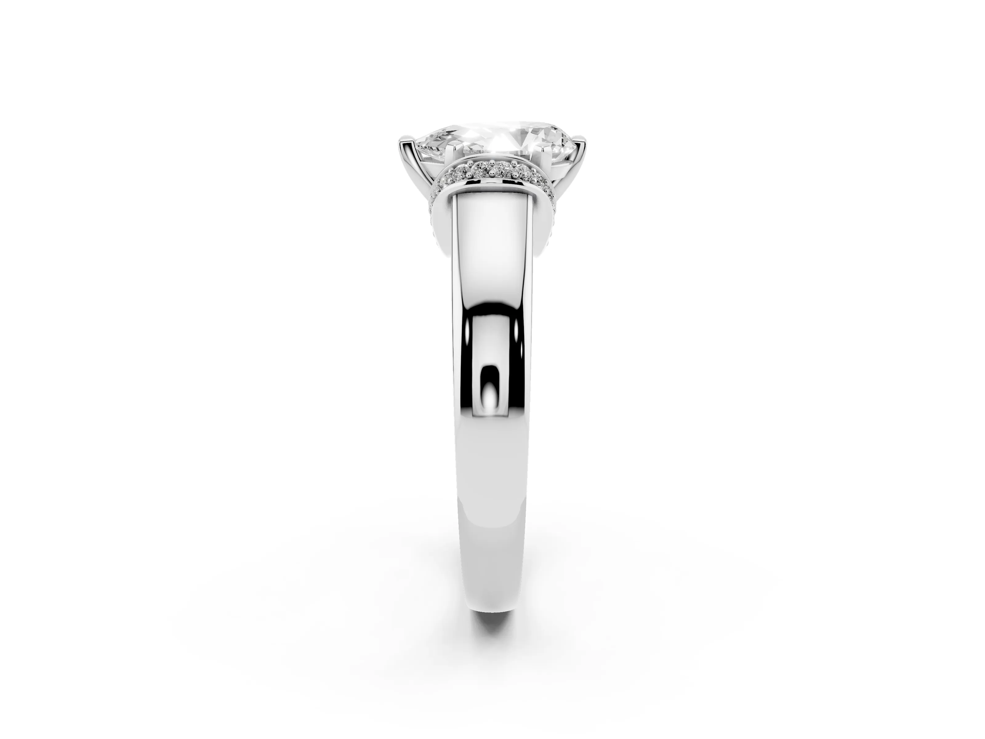 Pear Cut Diamond Pavé Band Solitaire Ring Set in Platinum with Prong Setting