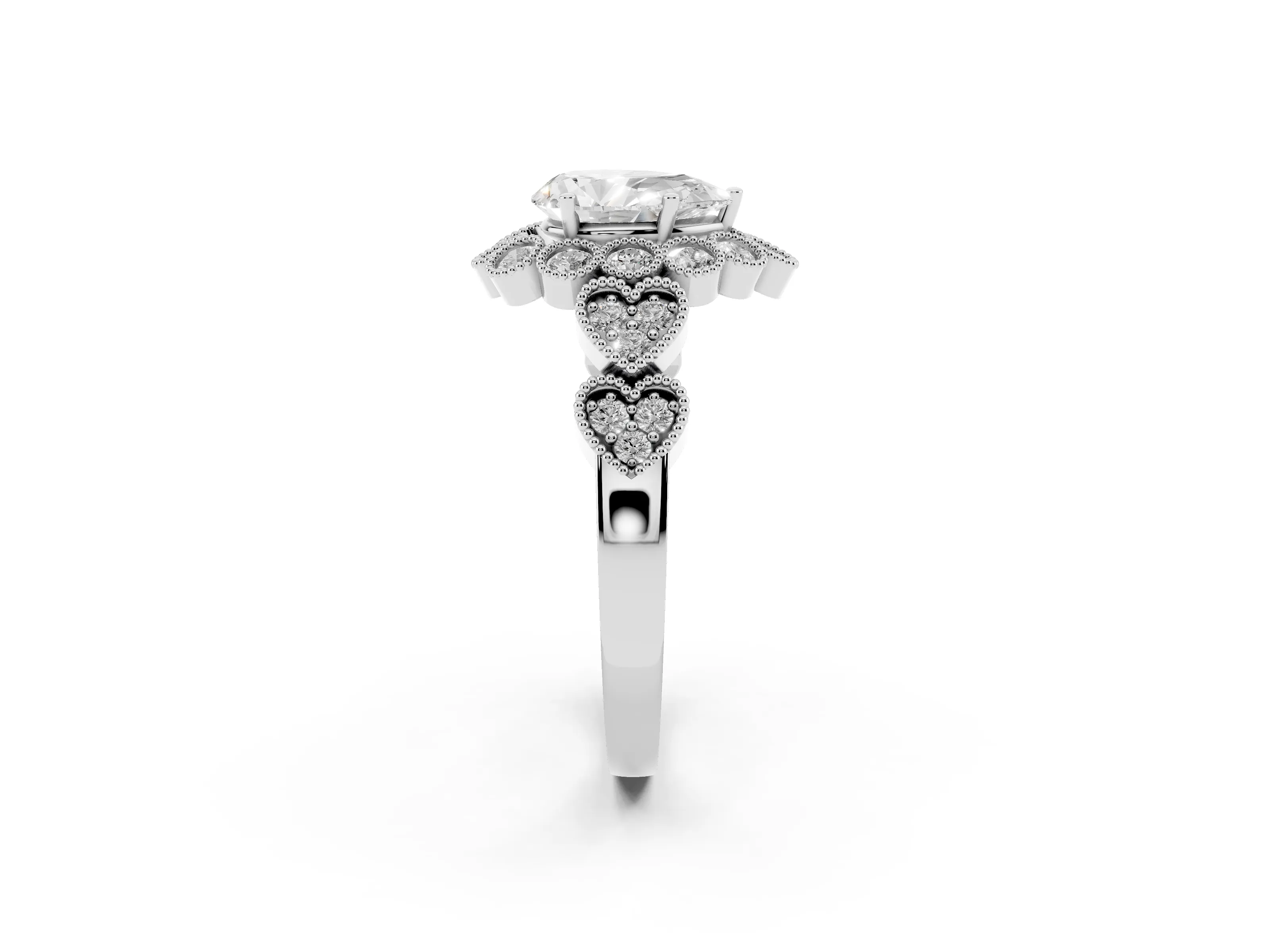 Pear Cut Diamond Solitaire Ring Set in Platinum with Milgrain Pavé Heart Band