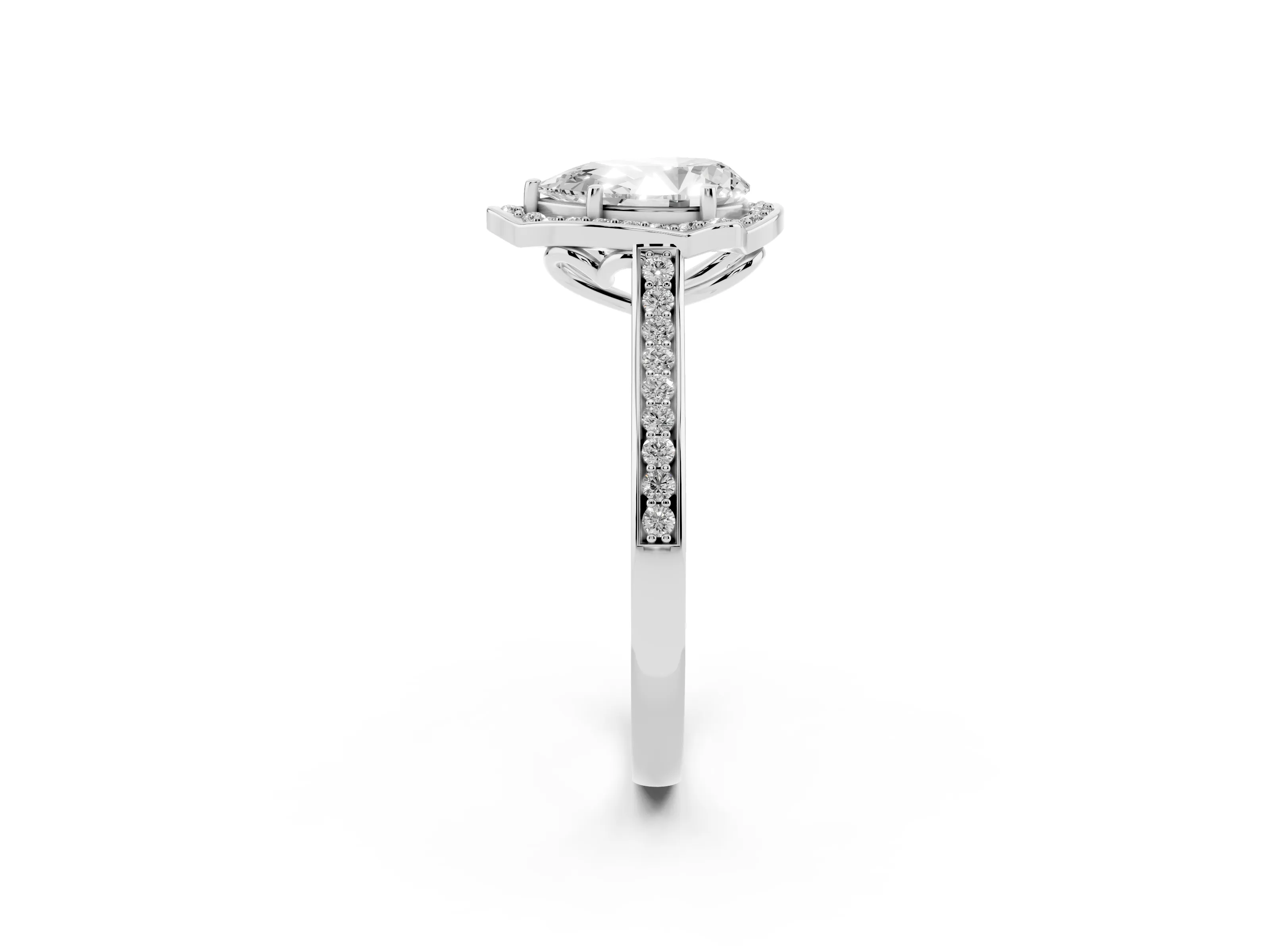 Pear Cut Diamond Halo Ring Set in Platinum with Pavé-Lined Shoulders and Prong Setting