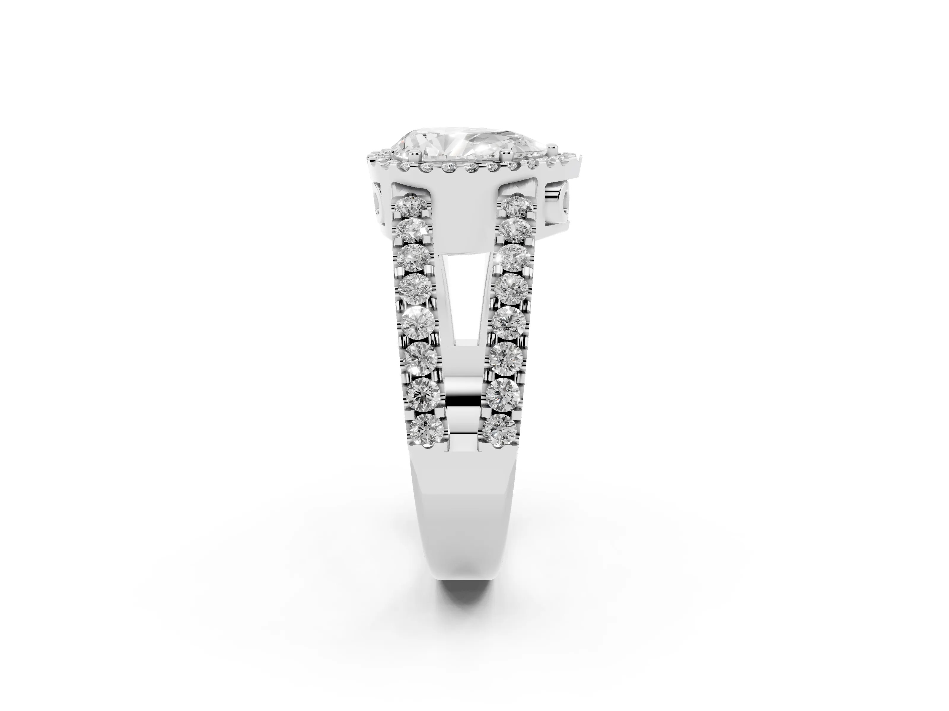Pear Cut Diamond Halo Ring Set in White gold with Pavé Split Shank and Prong Setting